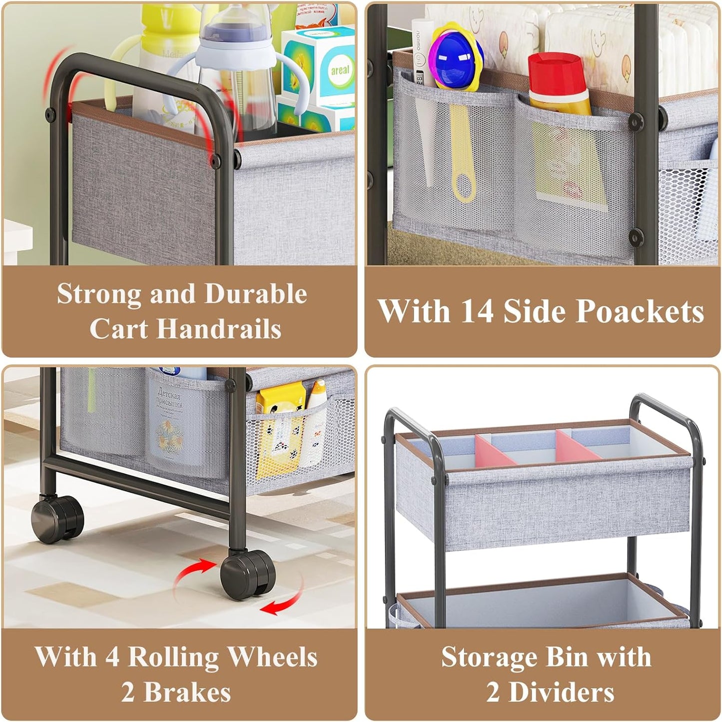 3-Tier Baby Diaper Caddy Cart Organizer with 2 Dividers & 14 Mesh Pockets - Black Mobile Nursery Storage Cart with Wheels, Durable Metal Utility Cart for Nursery, Bedroom, Baby Essentials Organization