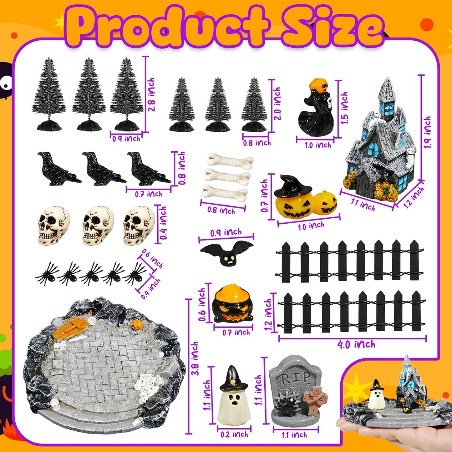 Hiawbon 30PCS Halloween Mini Village Set, Village Ornaments Miniature Decorations, Resin Miniature Spider Coffin Spiders Pine Trees Fence for Halloween Decor