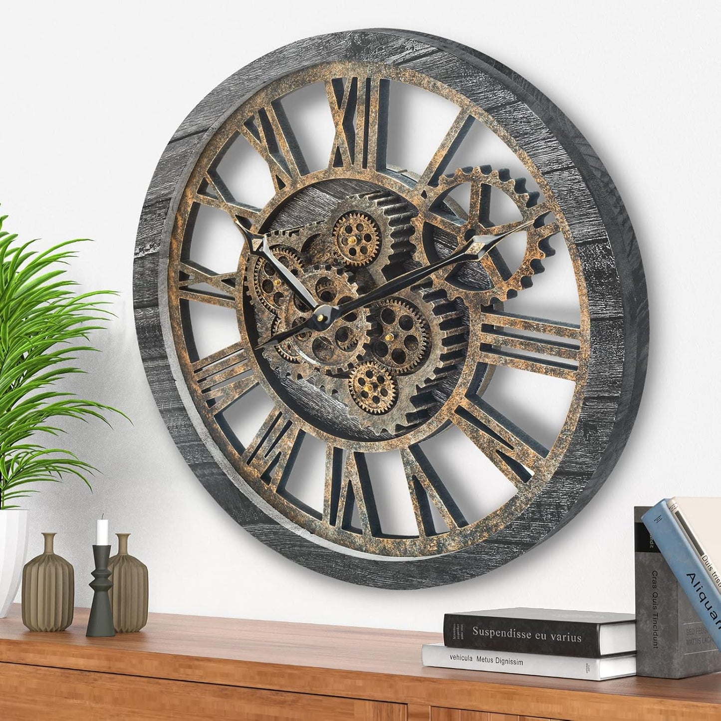 HOIBAI Wall Clock, Large Wall Clocks for Living Room Decor 18 Inch Battery Operated Silent Non-Ticking Modern Farmhouse Vintage Roman Big Wall Clock for Home Bedroom House Office, Moving Gears Clock