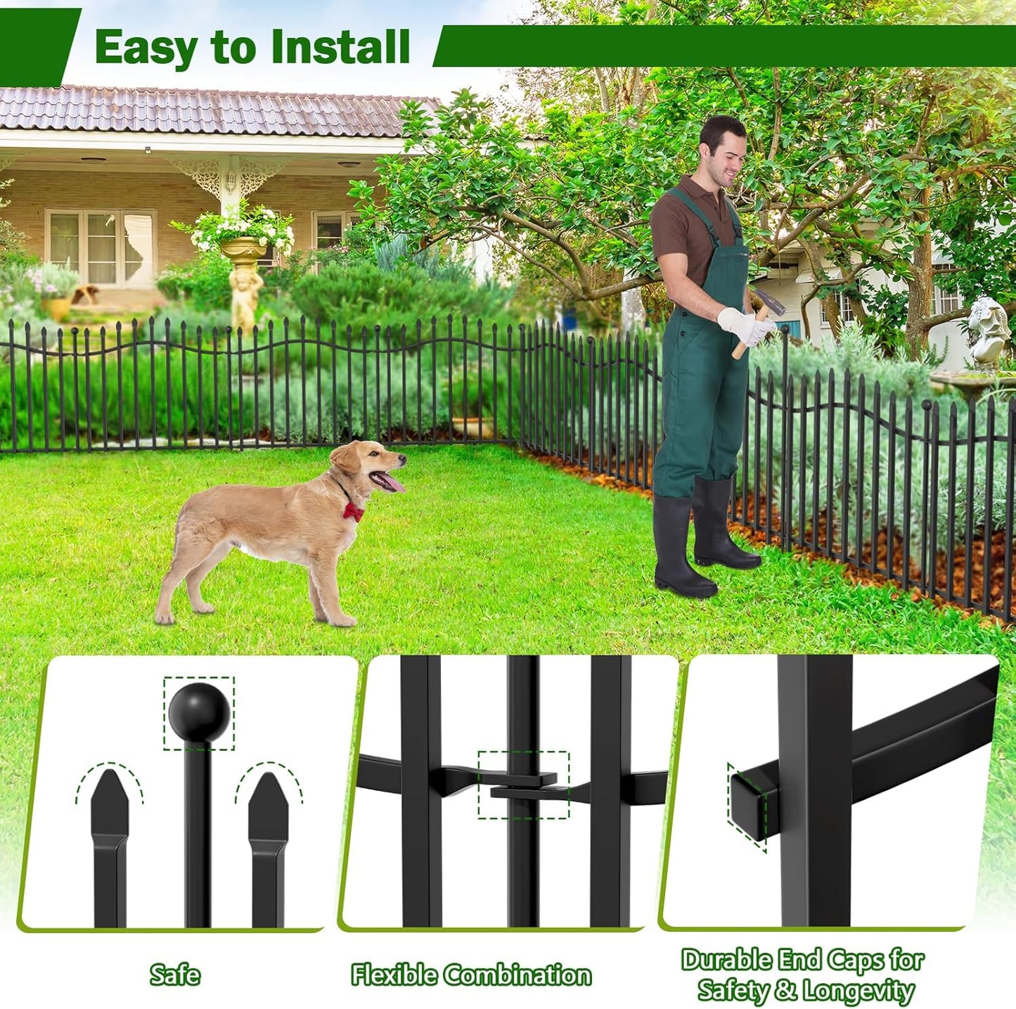 10 Panels No Dig Garden Decorative Fence with Gate - 24in H x 22.5ft L, Heavy-Duty Square Tube Animal Barrier, Rustproof Dog Fence for Outdoor Yard & Patio Protection