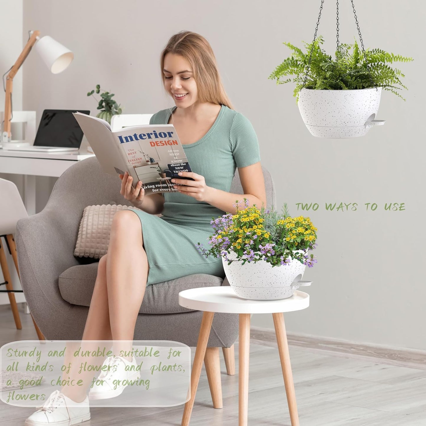 12 Inch Hanging Baskets 2 PC with Chains, Self-Watering Hanging Planters for Indoor Outdoor Plants, Plastic Hanging Flower Pots,Speckled White