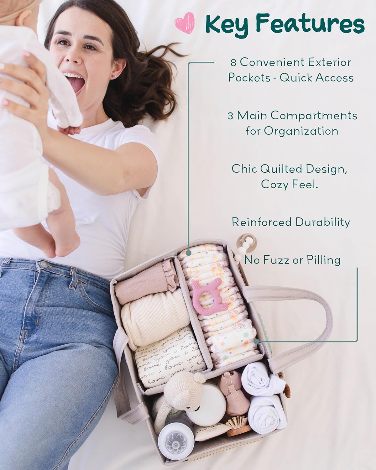 Lily Miles Baby Diaper Caddy Organizer, Quilted Nursery Storage Organizer for Newborn Essentials and Diaper Changing Station, Gift for Baby Shower and Registry Must-Have (Soft Sand)