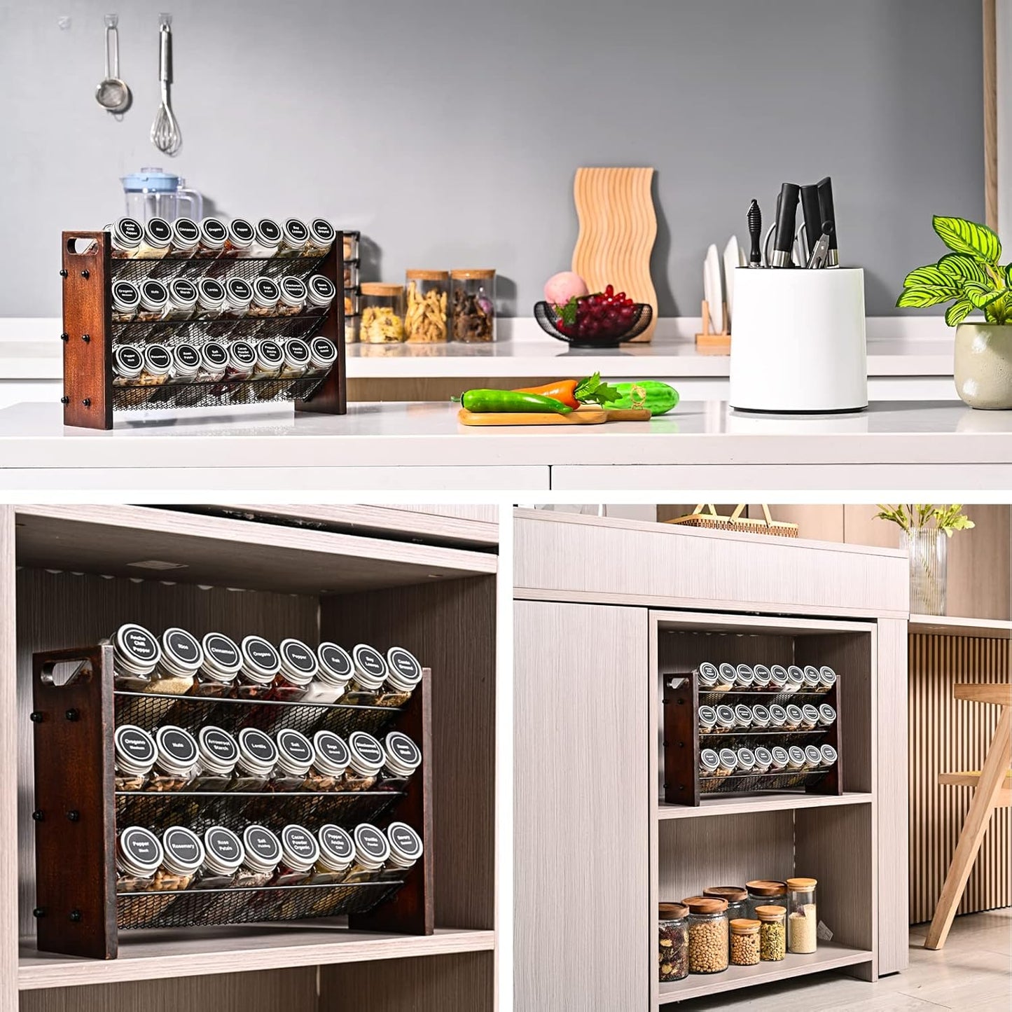 Spice Rack Organizer for Cabinet, Spice Organizer with 24 Empty Spice Jars, 180 Spice Labels, Wooden Spice Jar Organizer, Seasoning Organizer for Cabinet Kitchen, Pantry, Countertop or Wall Mount