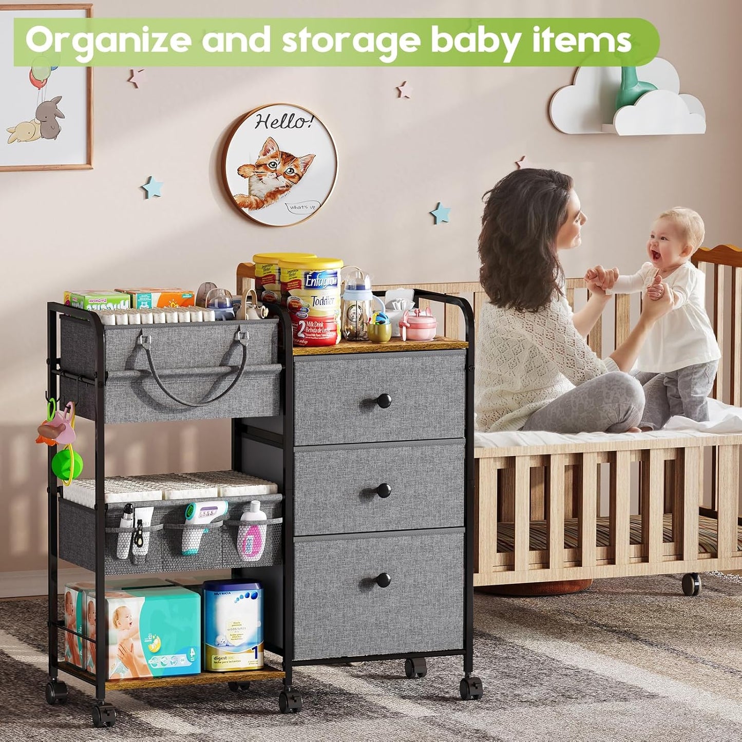 2In1 Baby Diaper Caddy Organizer and Storage, 3 Tier Rolling Cart with Dividers and Drawers, Mobile Utility Cart Baby Dresser Clothes Organizer for Changing Table, Crib Nursery, Bedroom, Grey