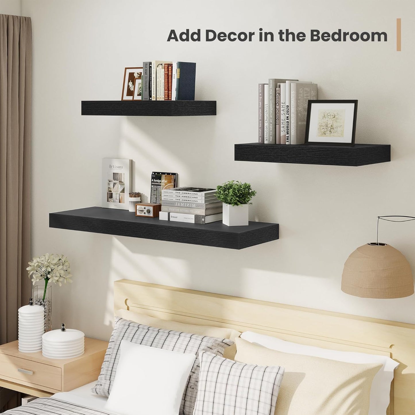 Heimlove 12" Deep Floating Shelves, 36 x 12 Inch Wall Mounted Long Floating Shelf with Invisible Brackets, for Home Decor, Bedroom, Kitchen, Living Room, Bathroom - 2 Pack, Black