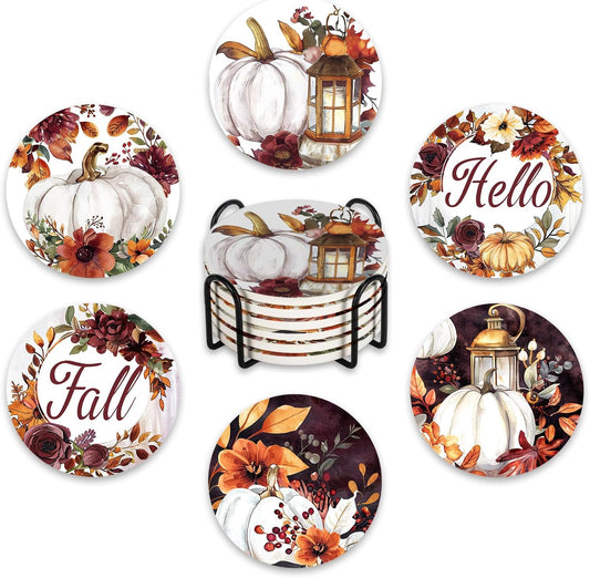Hello Fall Drink Coasters with Holder Set of 6, Autumn White Pumpkin Floral Absorbent Ceramic Cup Mat for Coffee Table Protection, 4 Inches Vintage Flower Home Kitchen Decor Housewarming Gifts