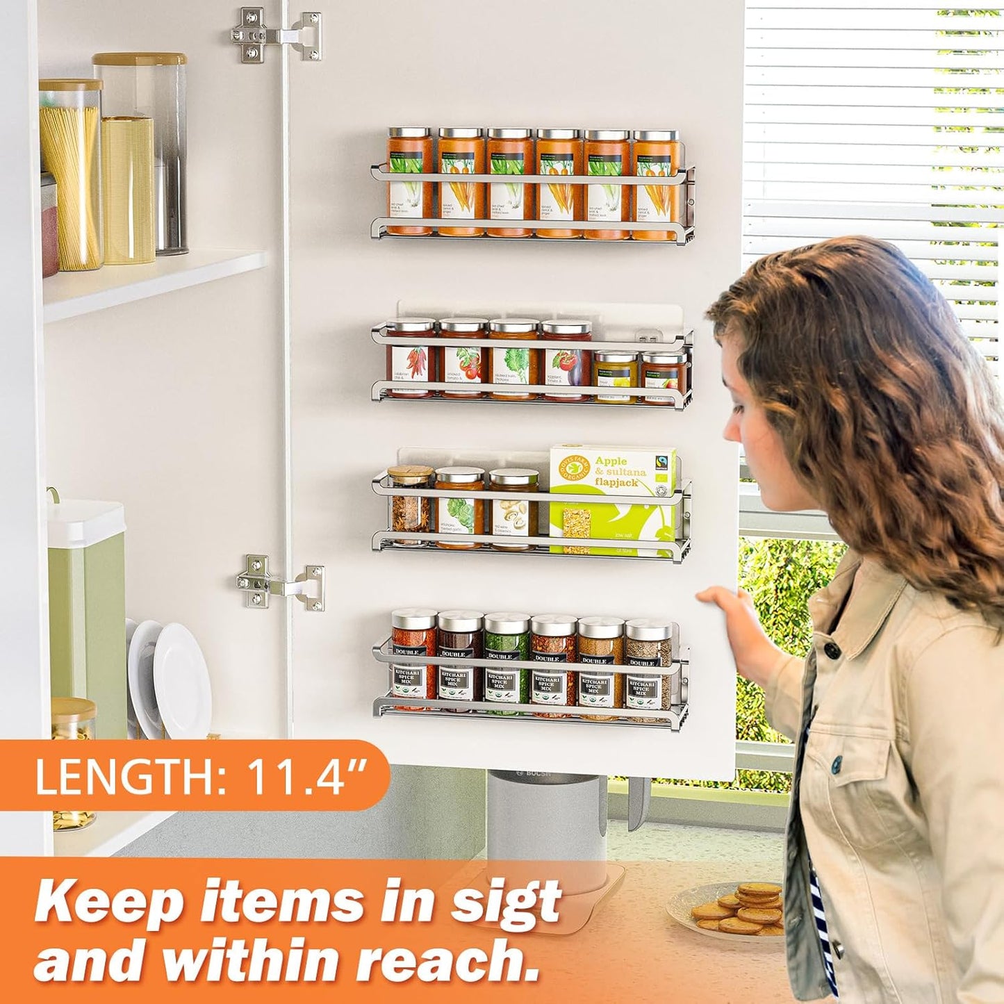 Spice Rack wall mounted 2 Pack, Space-Saving Spice Organizer for Spice Jars and Seasonings,Screw or Adhesive Hanging Spice Rack Organizer for Your Kitchen Cabinet,or Pantry Door,Silver