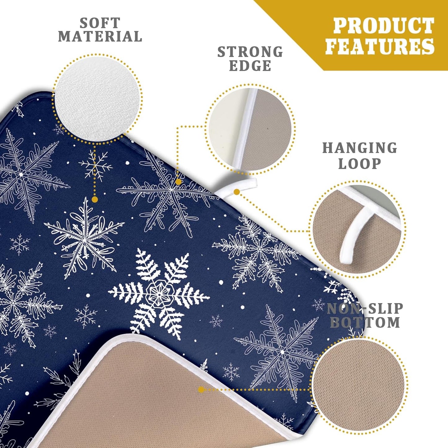 Winter blue Snowflake Dish Drying Mat for Kitchen Counter Holiday Super Absorbent Reversible Microfiber Kitchen Countertop Protector Dishes Pad Small 16x18 inch