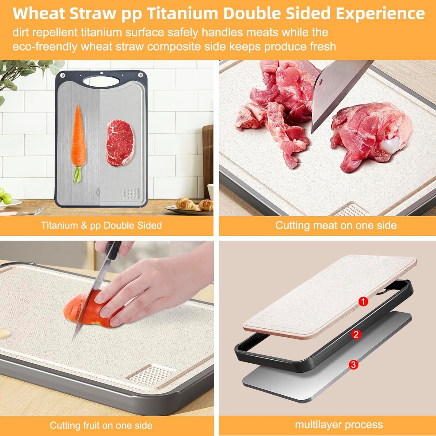 Titanium Cutting Board for Kitchen，Suitable for Handling Meat and Vegetables，Cutting Board Double Sided Food Grade，Pure Titanium and Wheat Straw PP，Dishwasher Safe, Easy to Clean, 15.08 * 10.35 Inches