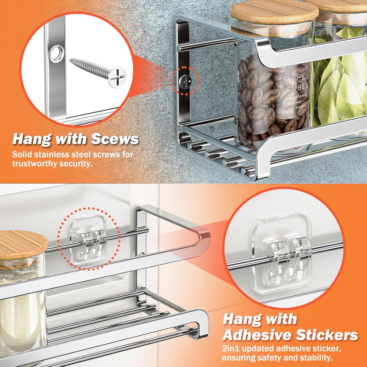 Spice Rack wall mounted 4 Pack, Space-Saving Spice Organizer for Spice Jars and Seasonings,Screw or Adhesive Hanging Spice Rack Organizer for Your Kitchen Cabinet,or Pantry Door,Chrome