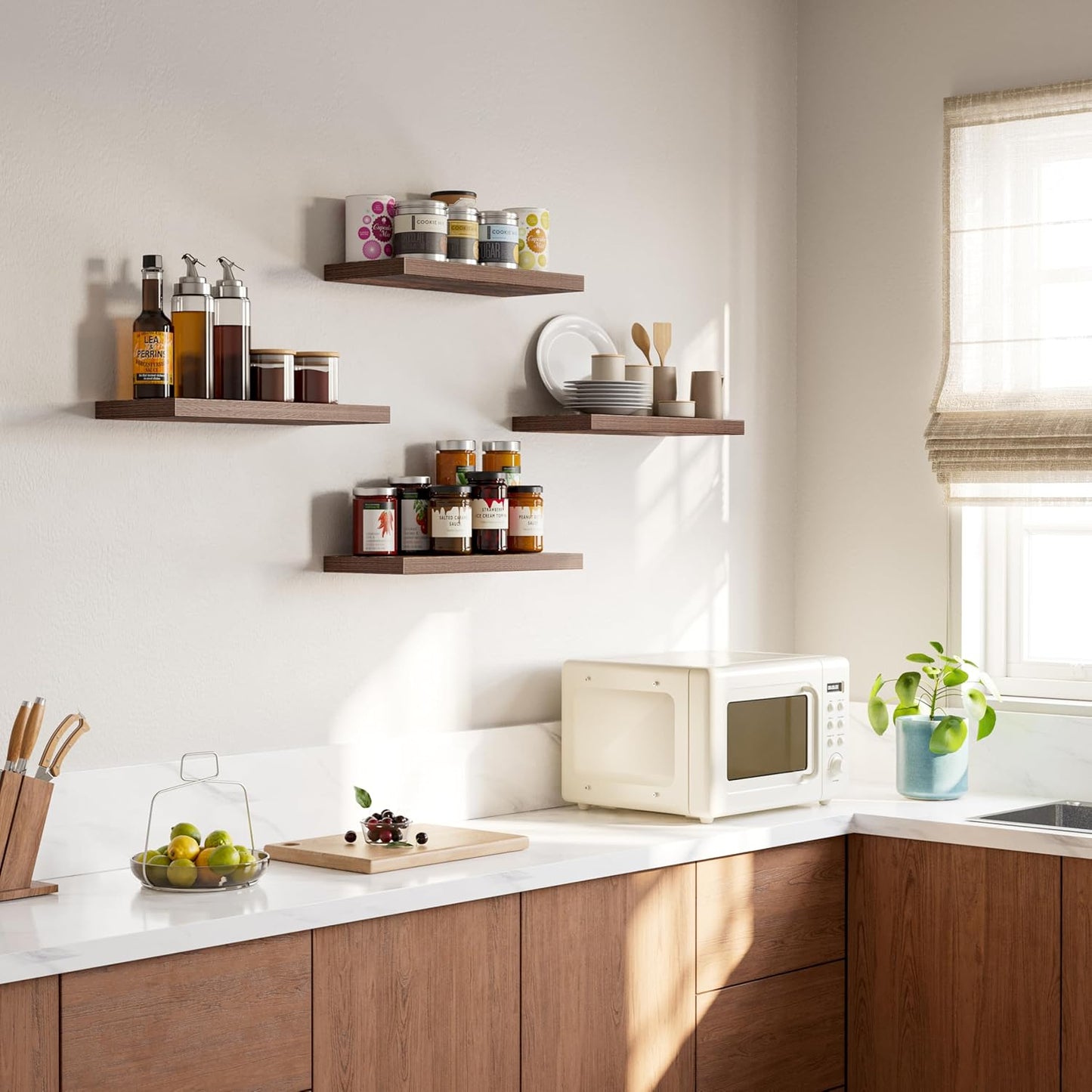 16’’Rustic Brown Floating Shelves for Wall Set of 4,Rustic Wood Shelf for Room Decor/Storage/Display,Small Bookshelf,Wall Mounted Hanging Shelves for Bedroom, Bathroom, Living Room, Kitchen