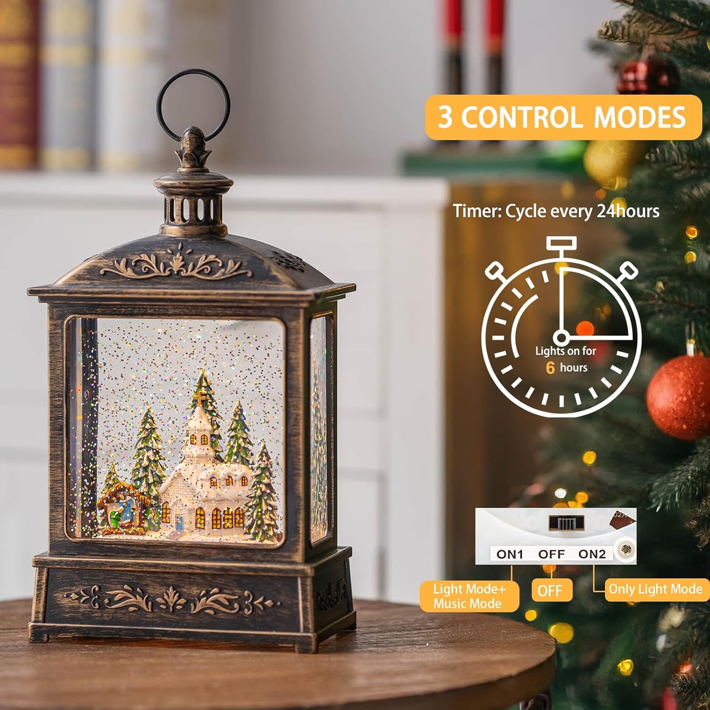 12.5'' Musical Snow Globe Lantern Lighted Church with Nativity Manger Scene Water Lantern in Swirling Glitter, Christmas Home Decoration and Gift, Battery Operated or USB Powered