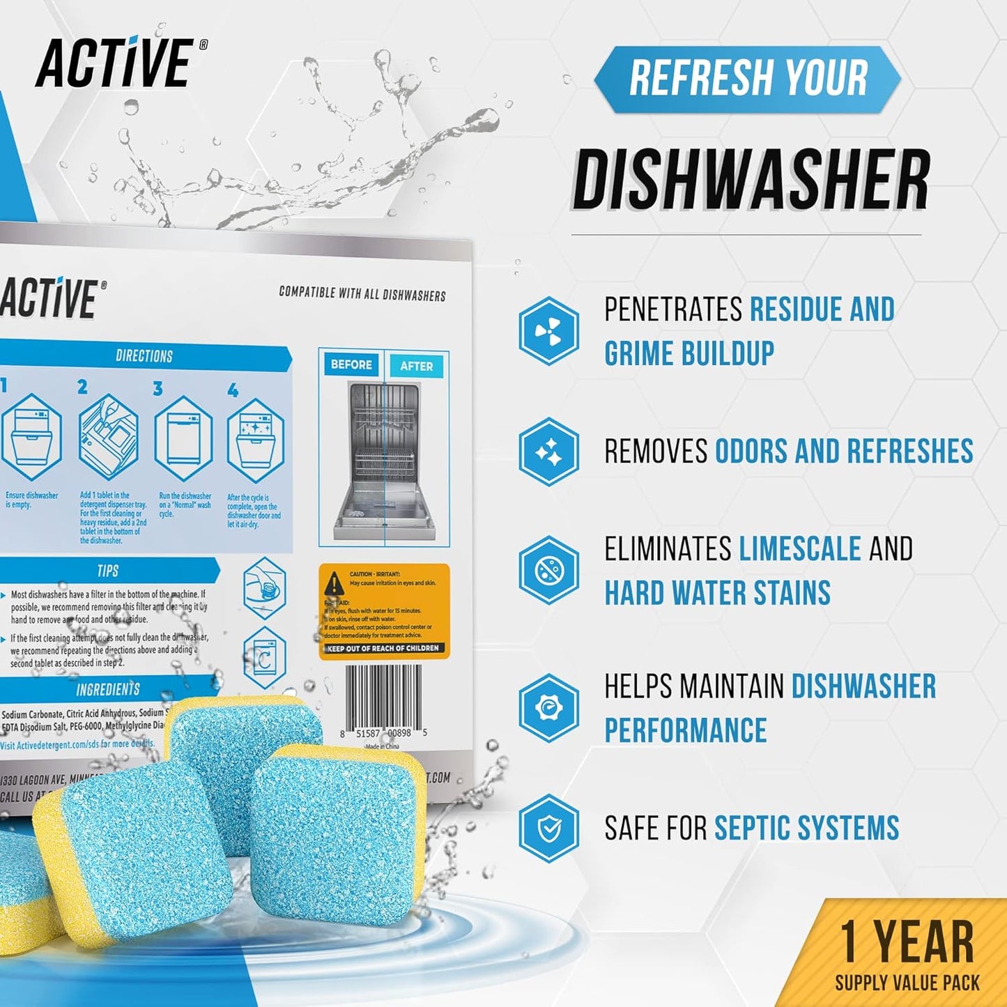 ACTIVE Washing Machine And Dishwasher Cleaning Tablets Bundle - Includes 12 Month Supply Dishwasher Cleaner Deodorizer & Washing Machine Descaler Deep Cleaning Tablets - 48 Tablet Set