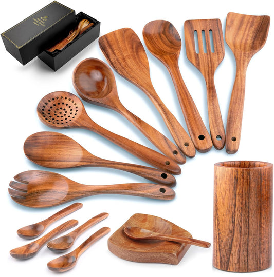 Zulay Kitchen 15-Piece Teak Wooden Utensils for Cooking - Natural Teak Utensil Set with Premium Gift Box - Non-Stick Wooden Spoons for Cooking - Kitchen Gift Set - Comfortable Grip Wooden Utensil Set