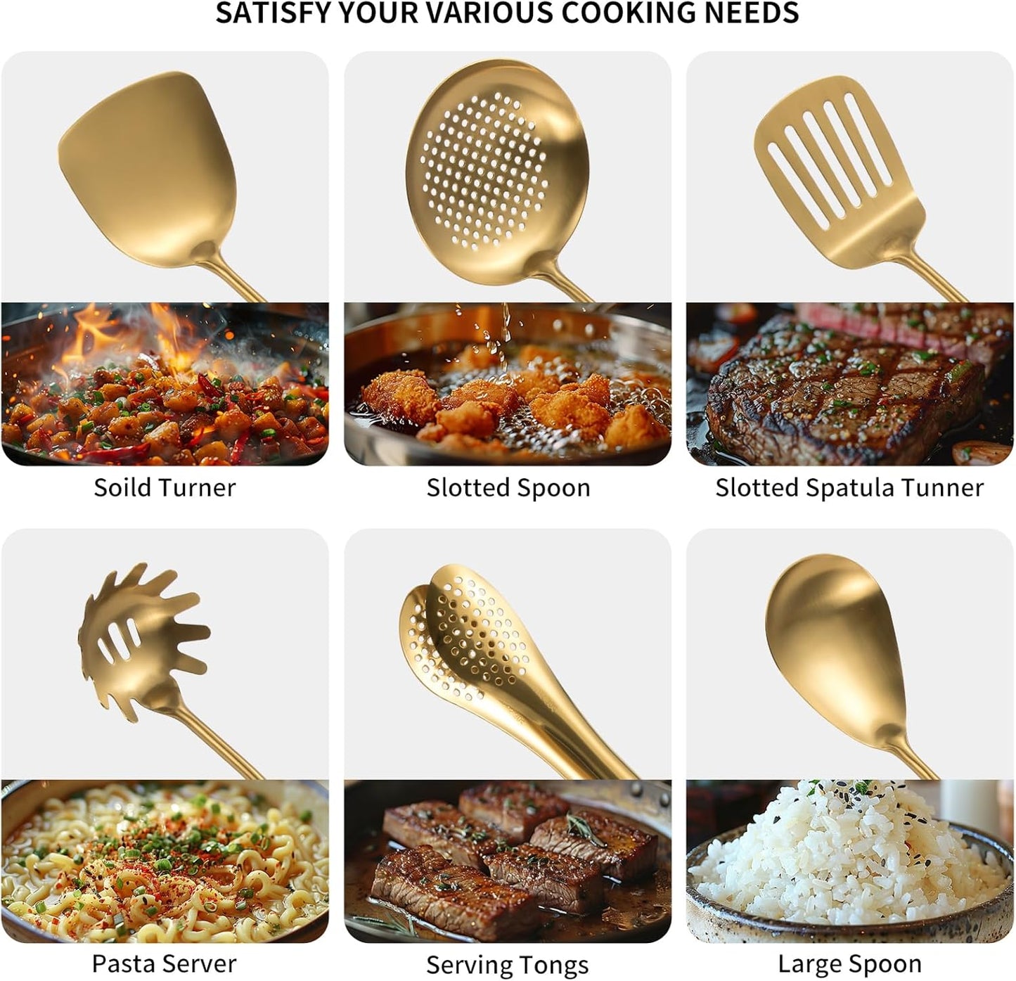 304 Stainlss Steel Matte Kitchen Utensils Set, 11 Pcs Long Metal Cooking Utensil Gadgets Tools Set with Spatula, Spoon, Ladle, Skimmer, Tunner, Pasta Server, Tongs(Gold, Dishwasher Safe)