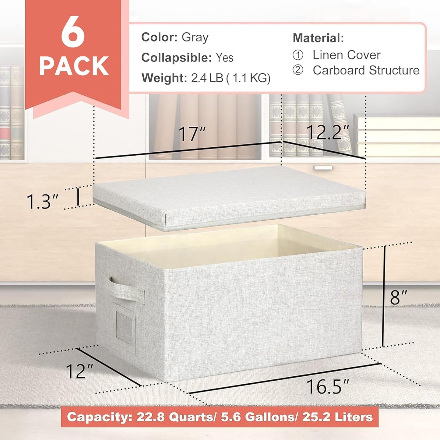 Large 17''x12'' Quart Collapsible Stackable Storage Bins with Lids, 6 Packs Off White Fabric Closet Boxes with Lids, Storage Cube Baskets Container Organizers for Bedroom Office(17''x12.2x''8'')