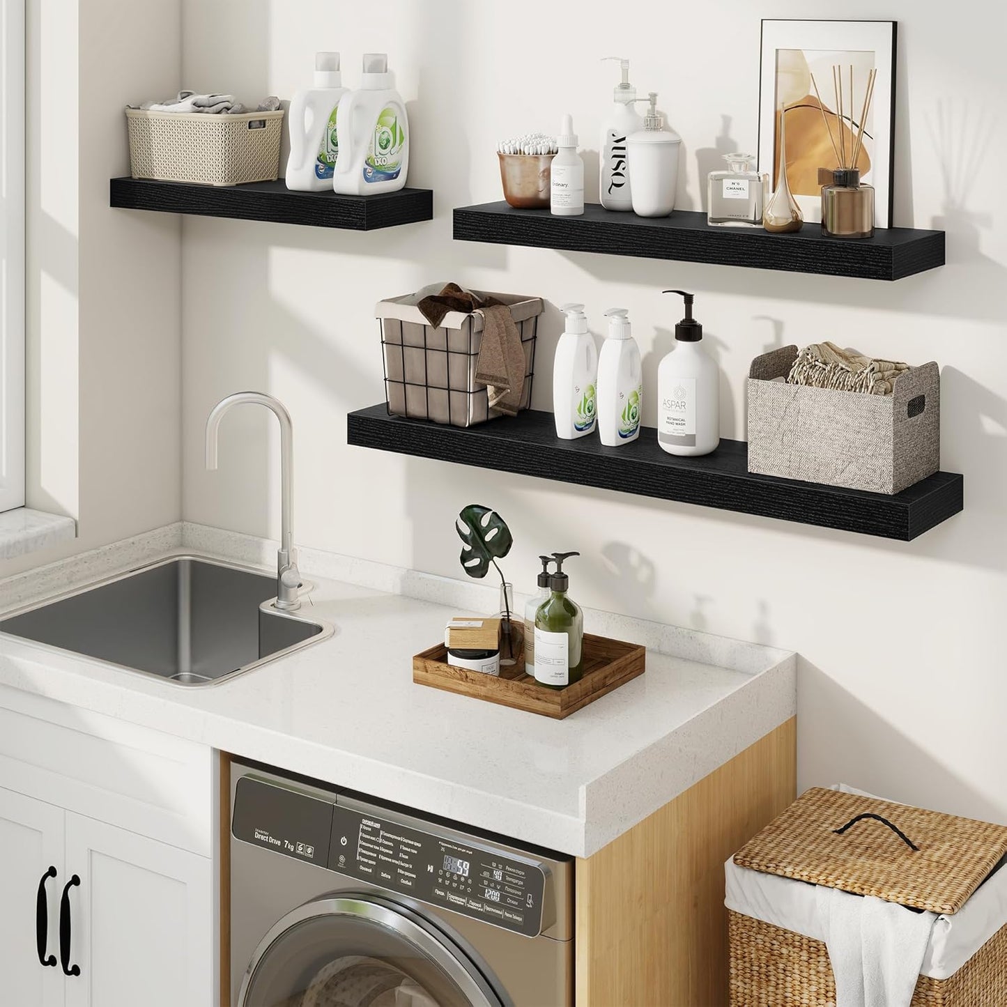 fuqing Floating Shelves for Wall, Bathroom Shelf Wall Mounted for Storage, Shelves with Invisible Bracket for Bedroom, Kitchen, Living Room, Farmhouse Small Book Shelf, 55 Inch Set of 2, Black