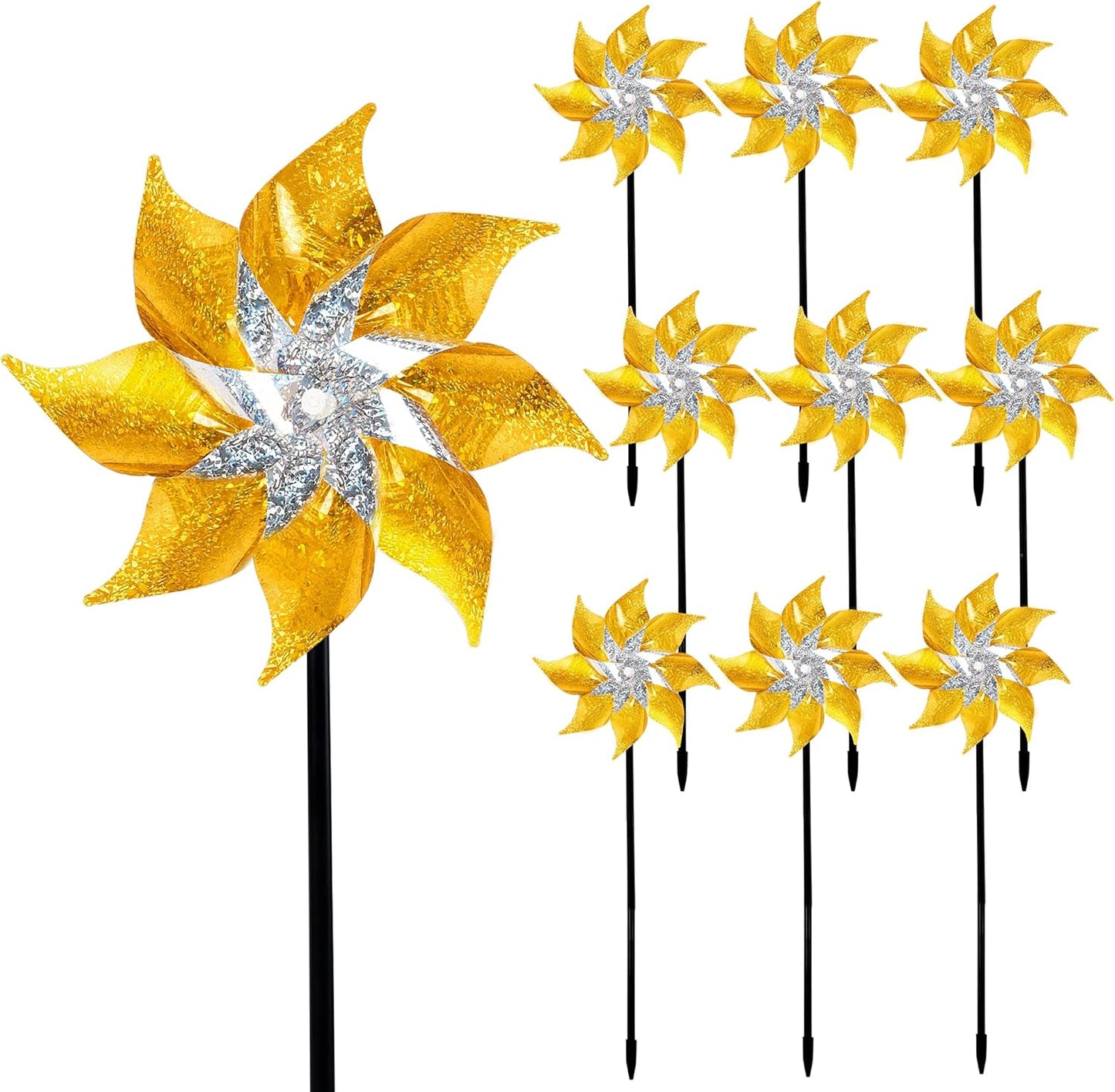 Hausse 10 Pack Reflective Pinwheels with Stakes, Extra Sparkly Pin Wheel for Garden Decor, Bird Repellent Devices Deterrent to Scare Birds Away from Yard Patio Farm, Golden