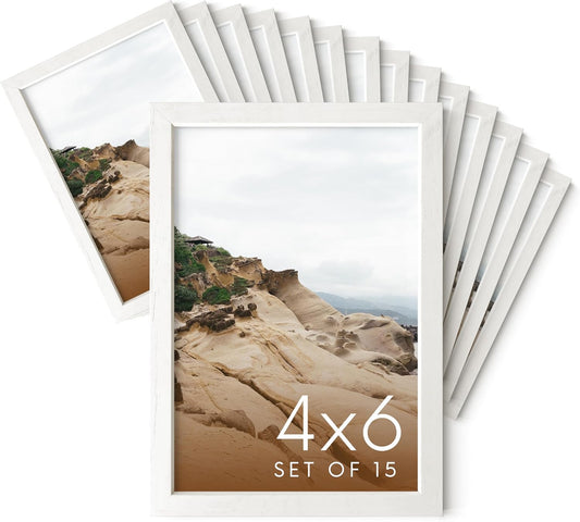 Haus and Hues 4x6 Natural White Wood Photo Frame Set of 15 - Mini Picture Frames Bulk Gallery Set - Premium Bulk Picture Frames 4x6 for Stylish Photo Gallery Wall Frame Set - Ideal for Home & Office