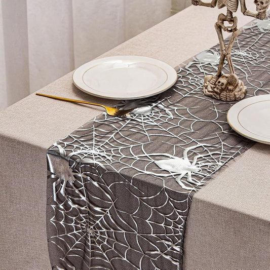Halloween Spider Table Runner Foil Metallic Thin Mesh Runners Silver Spider Web Table Runners for Tables Kitchen Dining Decorations Party Supplies 11*108"