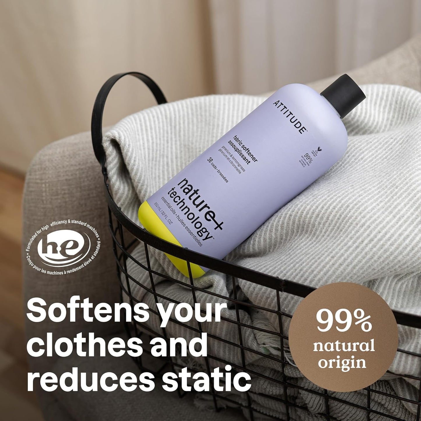 ATTITUDE Liquid Fabric Softener, Natural Origin Ingredients, For White and Colored Clothing, Deodorizes, Gentle on Delicate skin, Infused With Essential Oils, Geranium & Lemongrass, 38 Loads, 32 Fl Oz