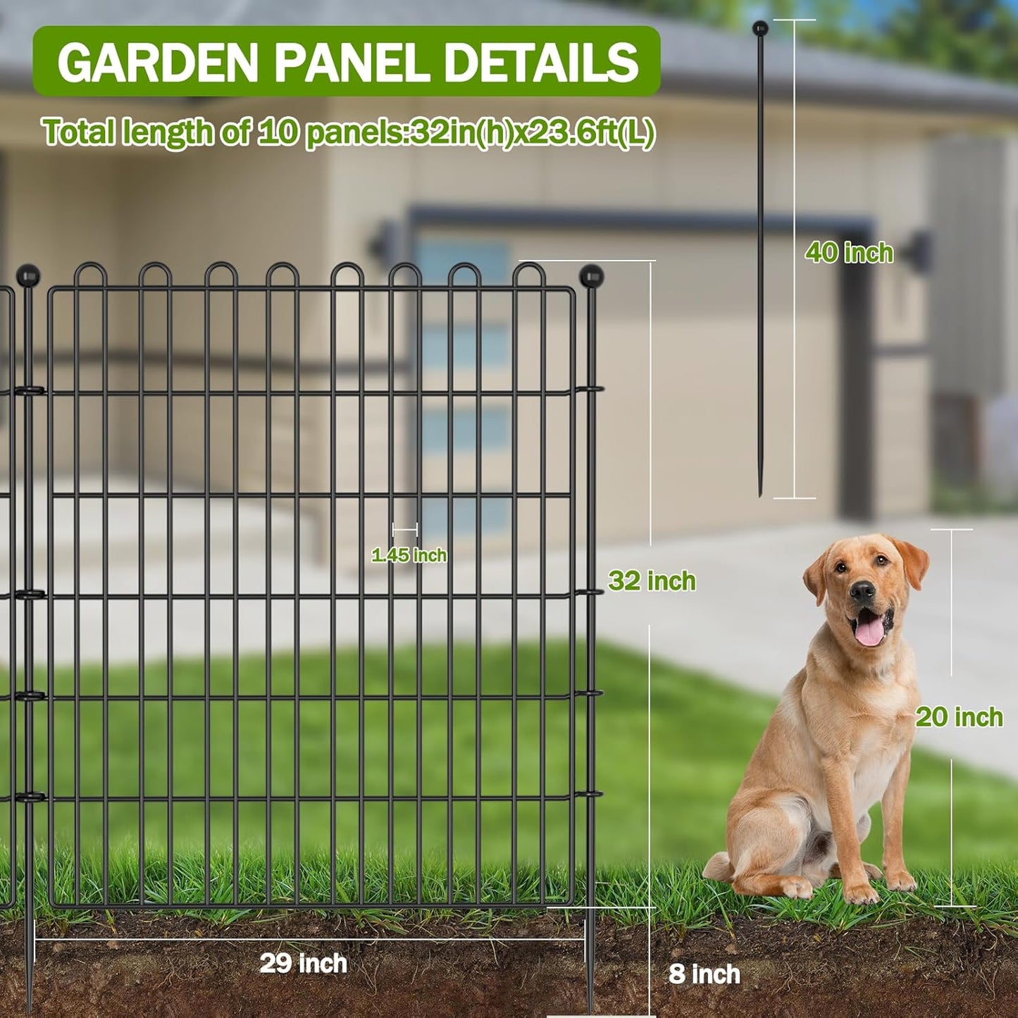 10 Panels No Dig Decorative Garden Fence with Gate for Yard, 32 in(H) X 23.6 ft(L) Animal Barrier Fencing for Outdoor Dog, Metal Portable Garden Fences for Borders, Pets, Landscape, Temporary Fence
