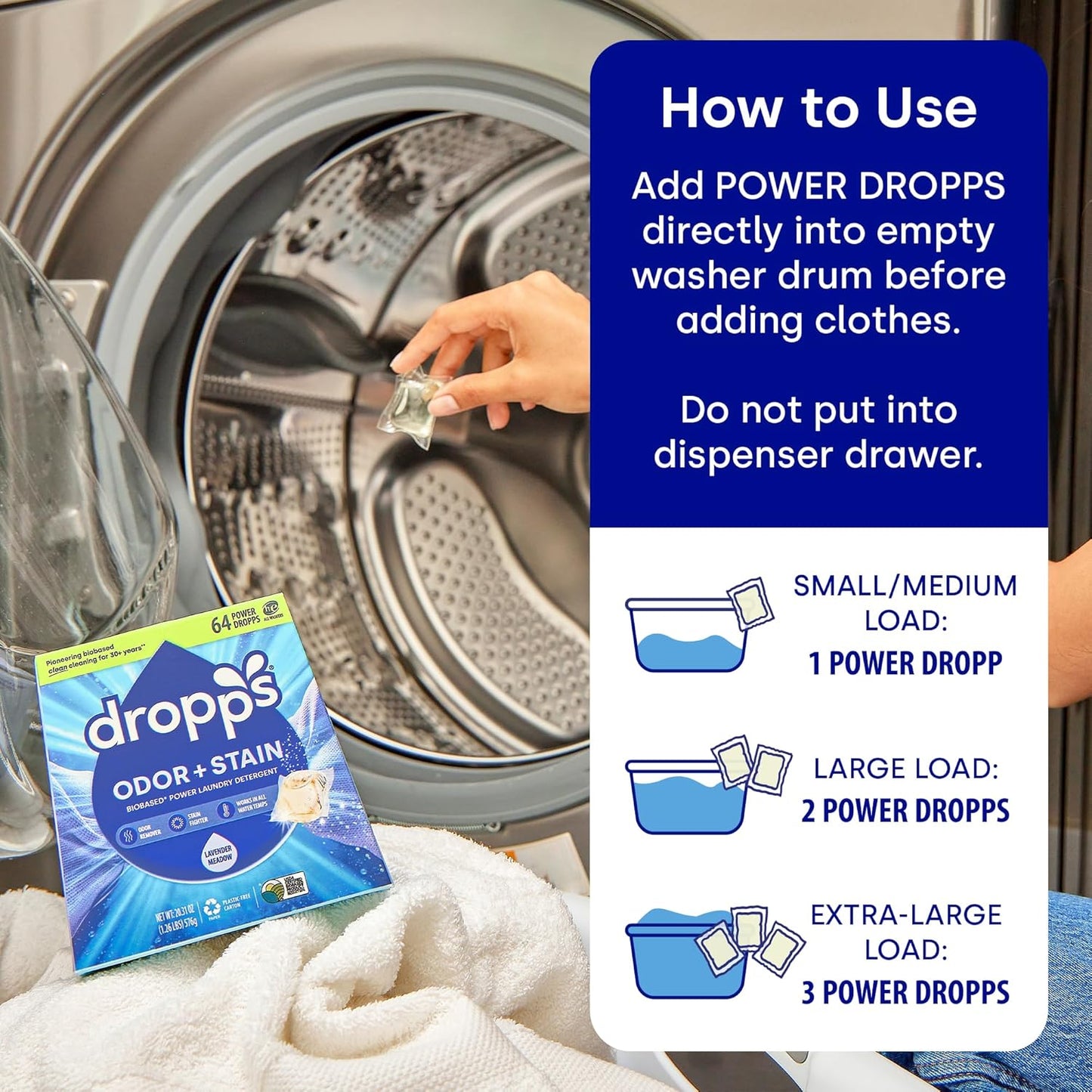 Dropps Odor & Stain Biobased Power Laundry Detergent Pods, Lavender Meadow(140 Count) - HE Compatible Laundry Pods for Fresh Clothes - Washing Detergent Soap Supplies & Recyclable Packaging
