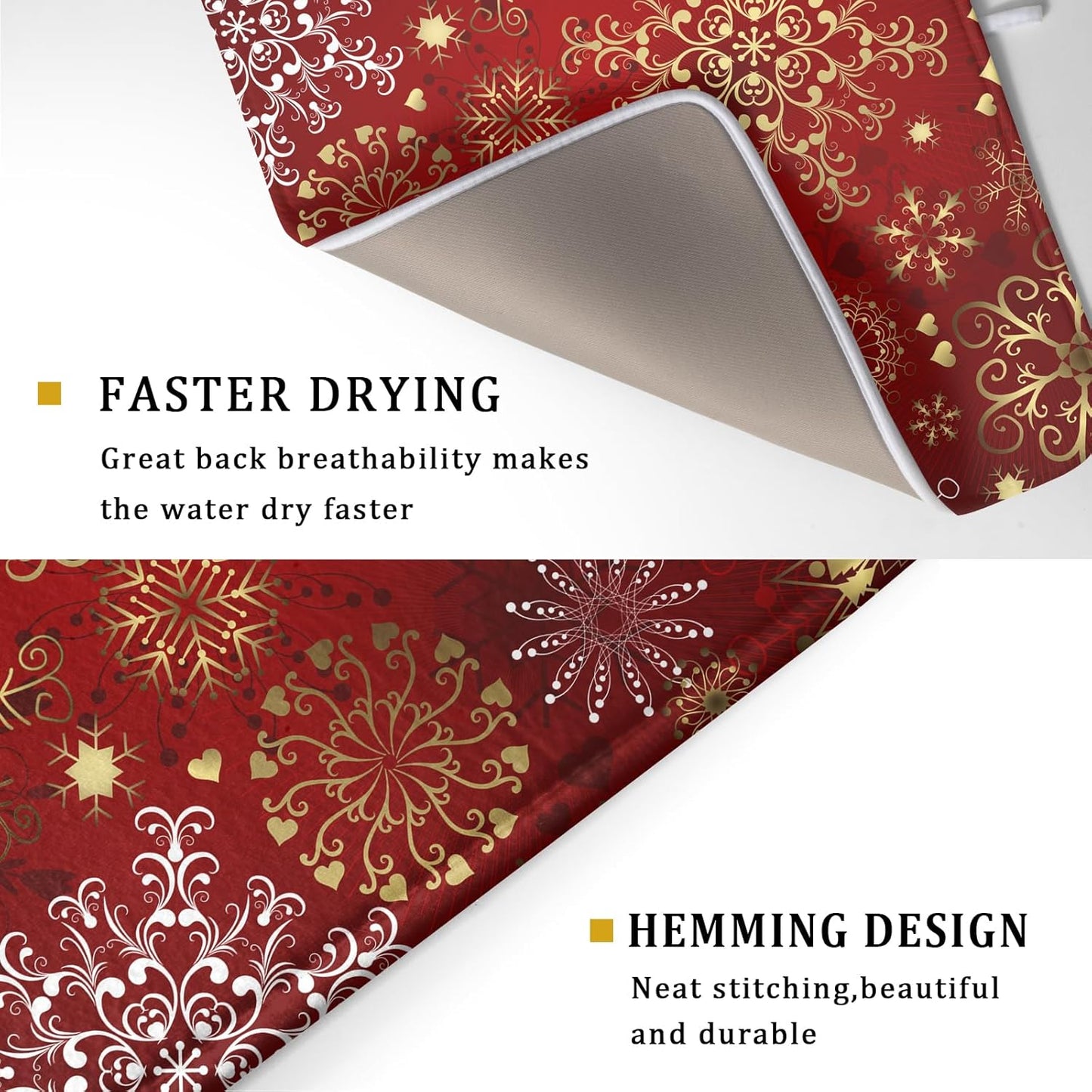 Red Snowflake Dish Drying Mat for Kitchen Counter Holiday Super Absorbent Reversible Microfiber Kitchen Countertop Protector Dishes Pad Large 18x24 inch