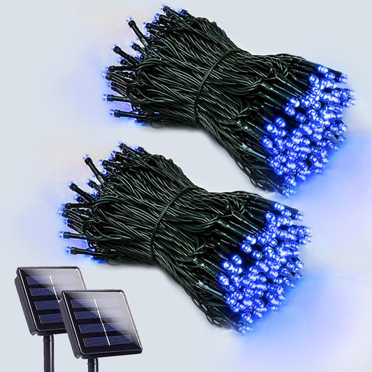 2 Pack 200 LED Solar String Lights Outdoor, Solar Christmas Lights with 8 Lighting Modes, Waterproof Green Wire Solar Tree Lights for Outside Xmas Wedding Party Garden Patio Yard Decorations (Blue)