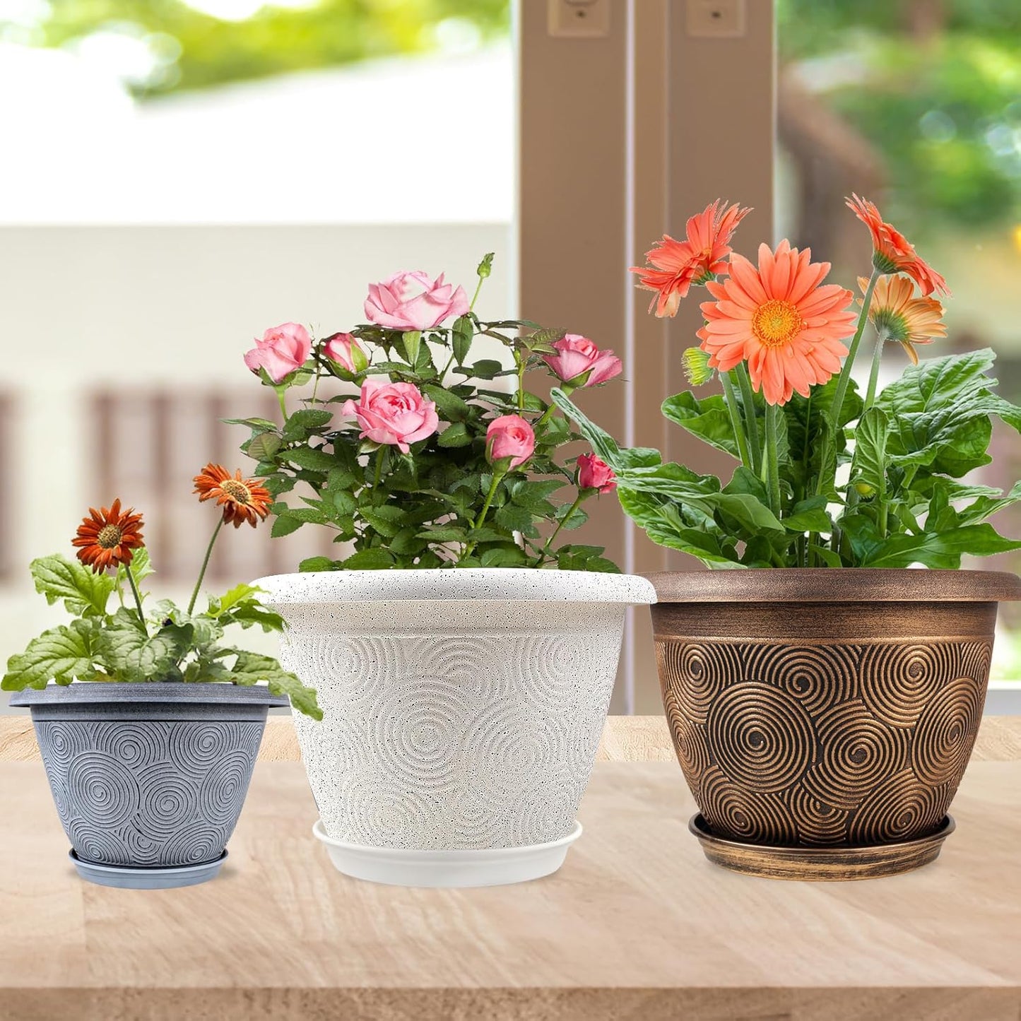14 Inch Large Planter Pot for Plants Indoor Outdoor, 4 Pack Plastic Flower Pots with Drainage Hole & Tray, Modern Decorative Garden Pot with Saucer, Plant Container for House