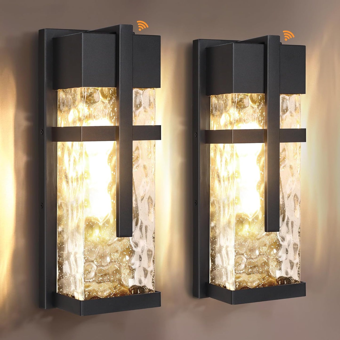 Hammered Glass Outdoor Wall Lantern, Dusk to Dawn Wall Sconce Lighting, 2 Pack Outdoor Light Fixtures, Exterior Porch Light with Waterproof, Modern Wall Lamp for Garage, Doorway, Patio(Bulb Included)