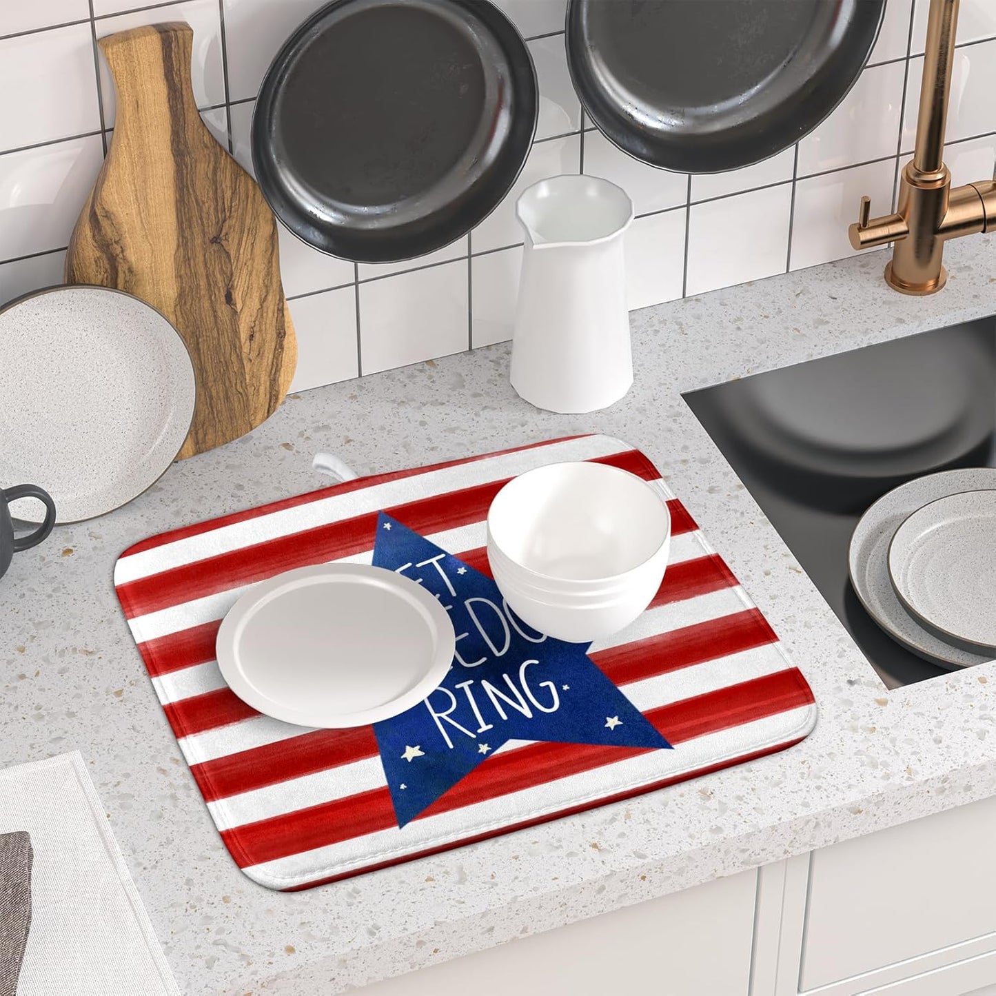4th of July Dish Drying Mat for Kitchen Counter Patriotic Holiday Absorbent Reversible Microfiber Kitchen Countertop Protector Dishes Pad Small 16x18 inch