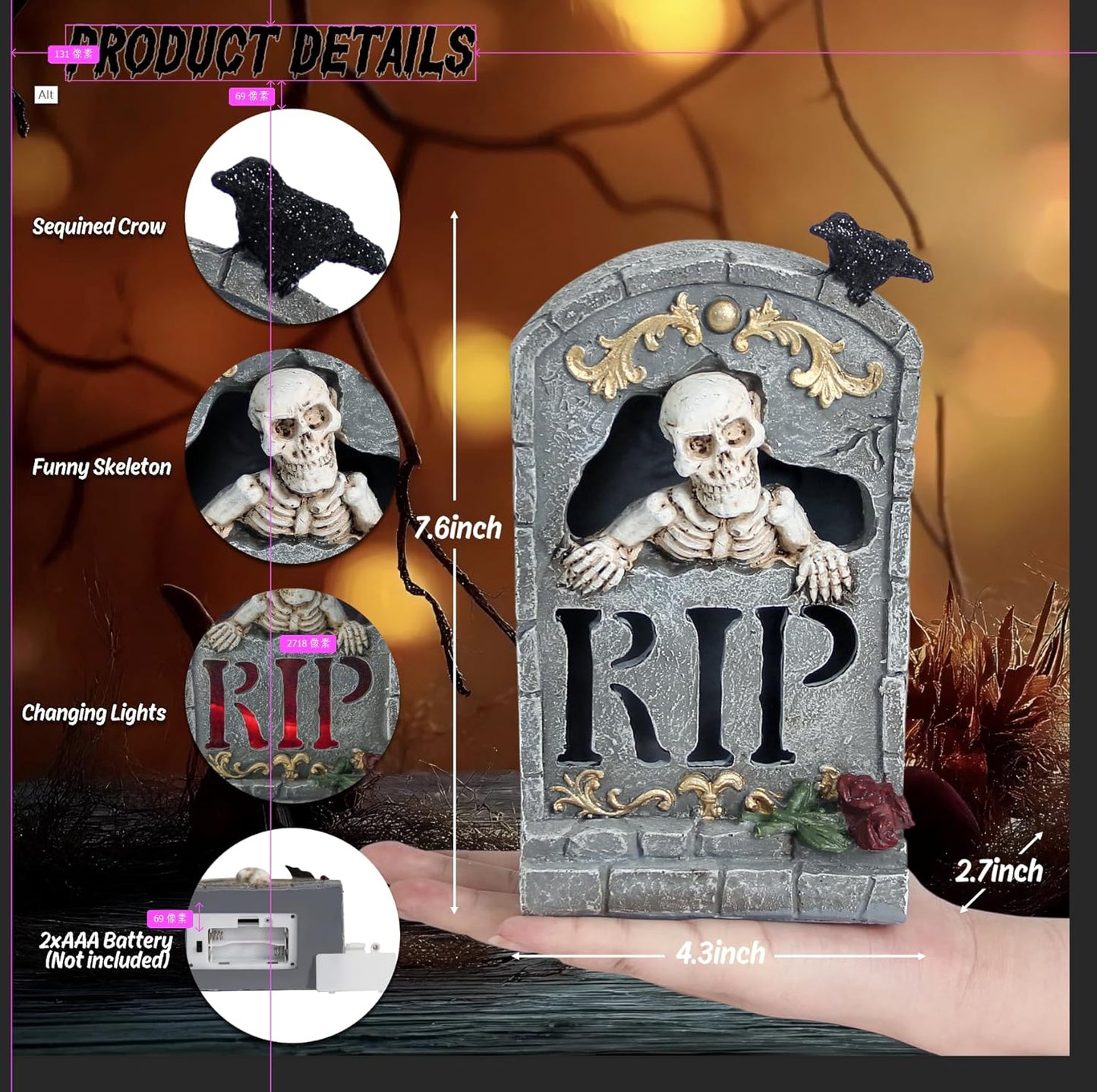 Halloween Decoration Indoor 7.6″ Tombstone Statue with LED Lights Spooky Skull Head Gravestone Skeleton RIP Lighting Changes Halloween Village for Table Shelf Home Party Outdoor Decor Gifts