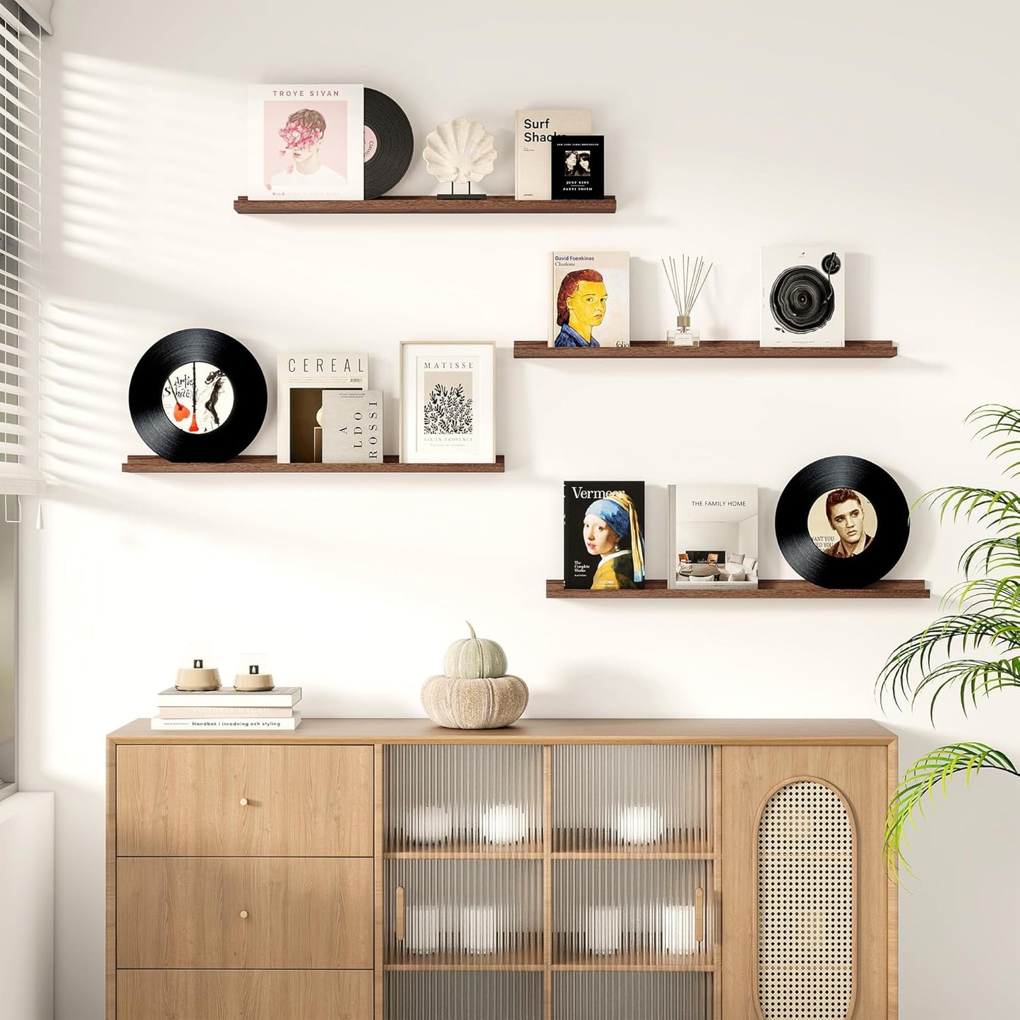 Picture Ledge Shelf for Wall, Floating Shelves Set of 4, 36 Inch Long Nursery Book Shelves for Toys Storage, Kids Bookshelf Wall Mounted for Books Photo Frames, Walnut