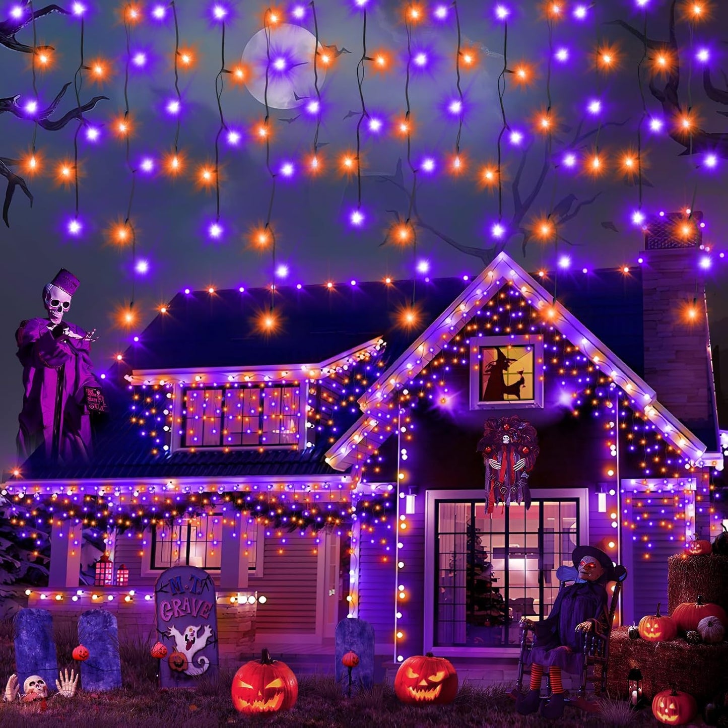 Heceltt Halloween Lights Outdoor, Orange and Purple 39FT 480LED Halloween String Lights with 90 Drops, 8 Modes Timer Memory Function, Night Light for House Roof Party Decor