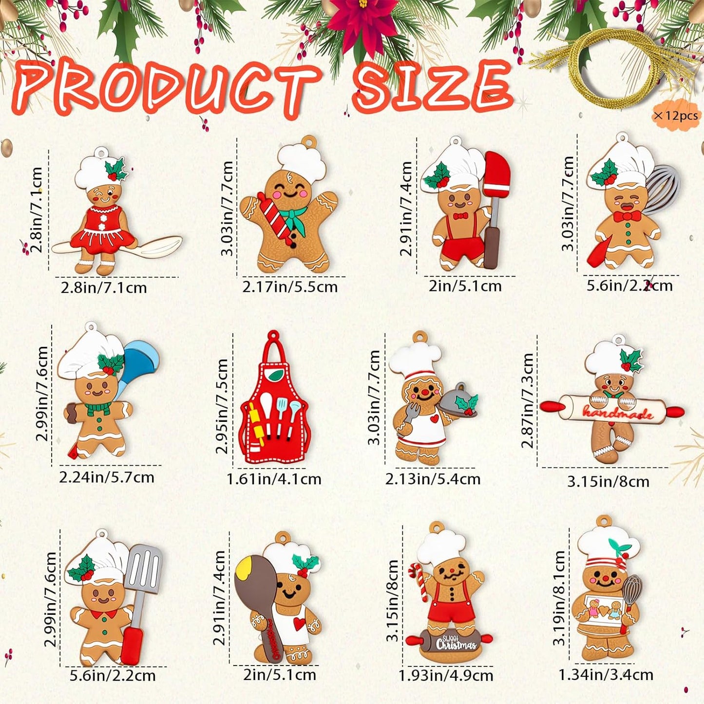 12pcs Gingerbread Christmas Decoration for Tree - Cooking Gingerbread Man Ornaments Christmas Hanging Decor for Xmas Tree Home Kitchen Decor Party Supplies