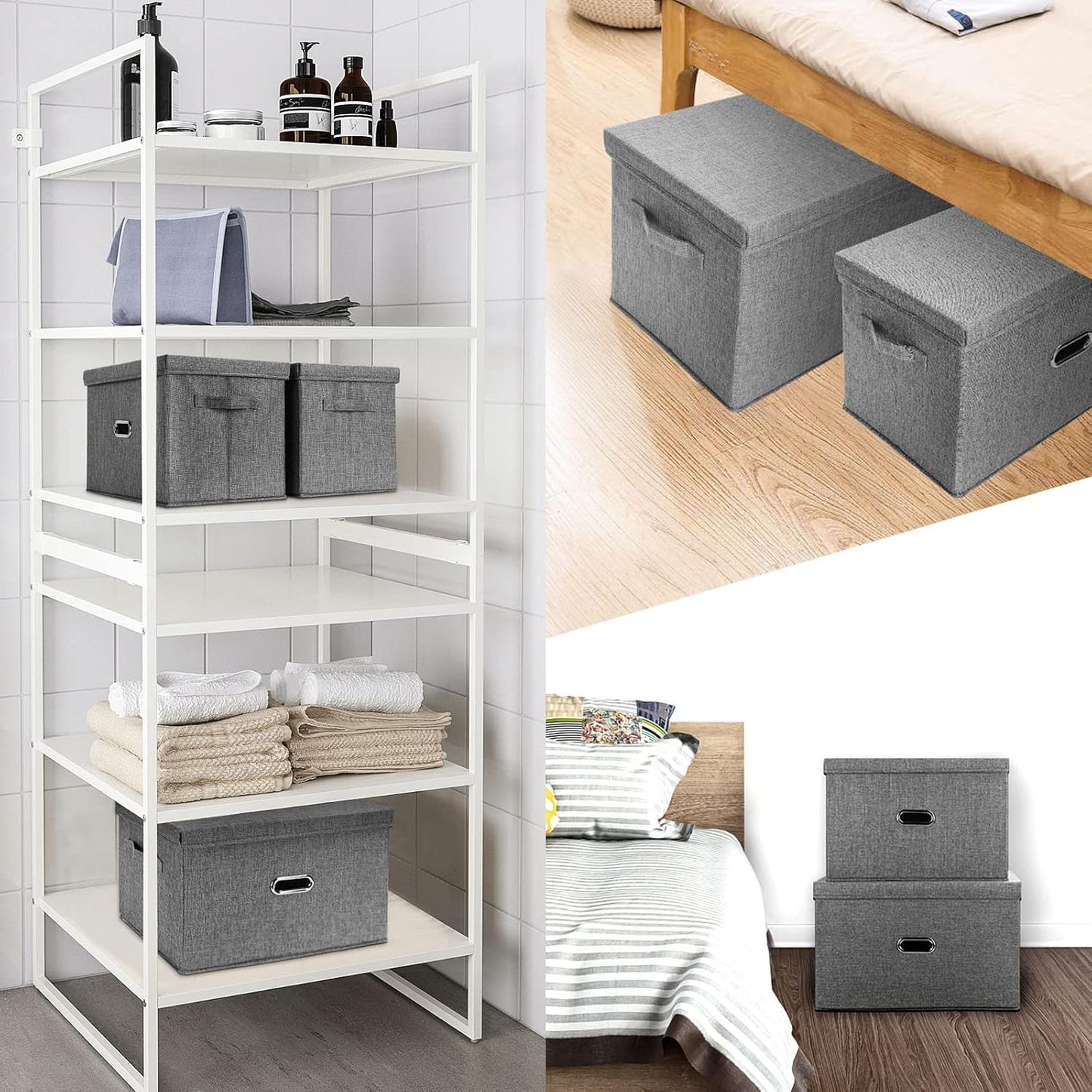Large Linen Fabric Foldable Storage Bins with Removable Lid and Handles, Washable Storage Box Organizer Containers Baskets Cube with Cover for Bedroom,Closet,Office,Nursery (Grey, Extra Large)