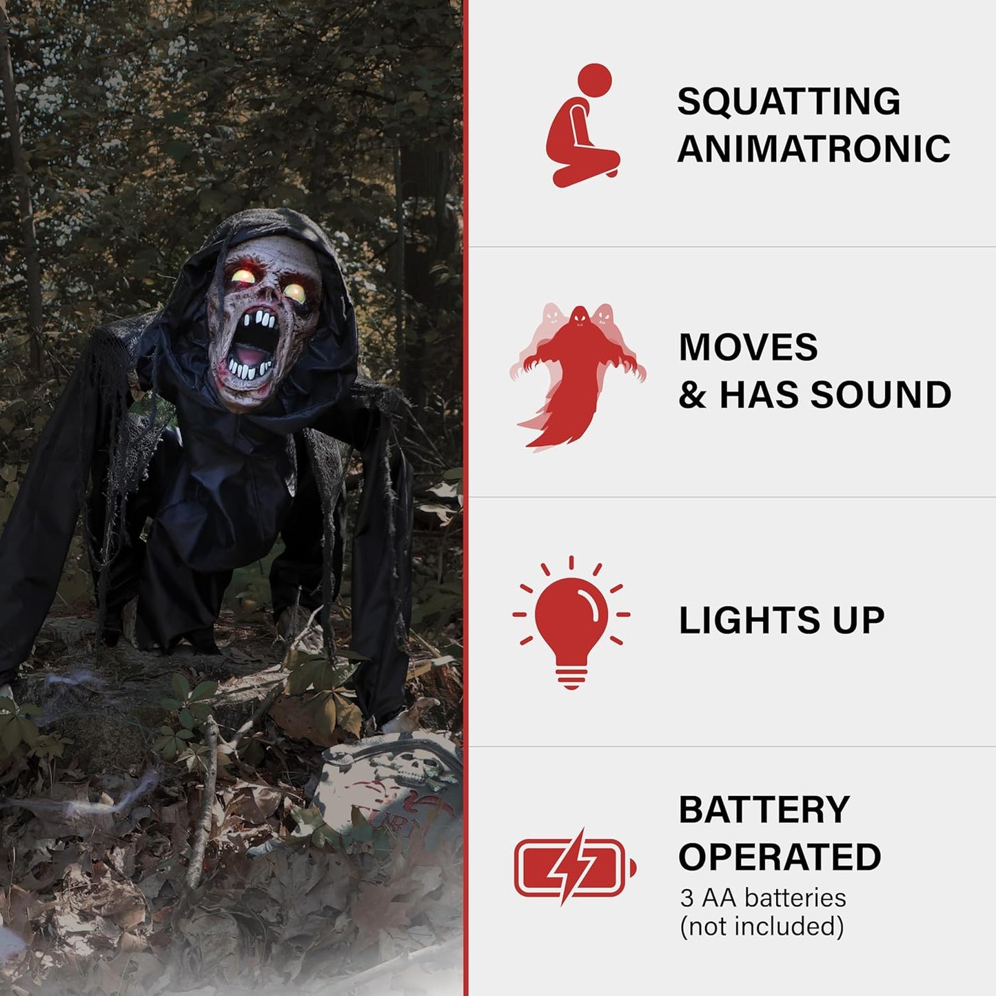 Haunted Hill Farm Scary Crouching Zombie, Halloween Animatronic with Touch Activated Lights and Sounds, Battery Operated Indoor or Covered Outdoor Halloween Decorations, Creepy Halloween Props