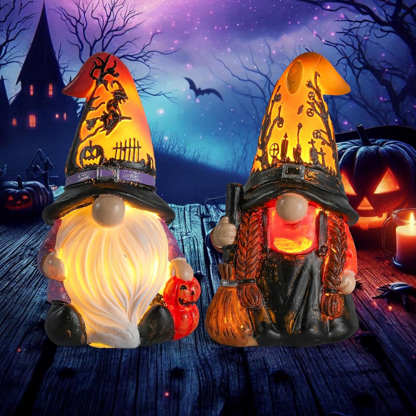 Halloween Gnomes and Witch Figurines - 2Pack Lights Up Fall Gnome Ornaments - 4.5'' Resin Indoor Halloween Decor for Women (Gnomes)