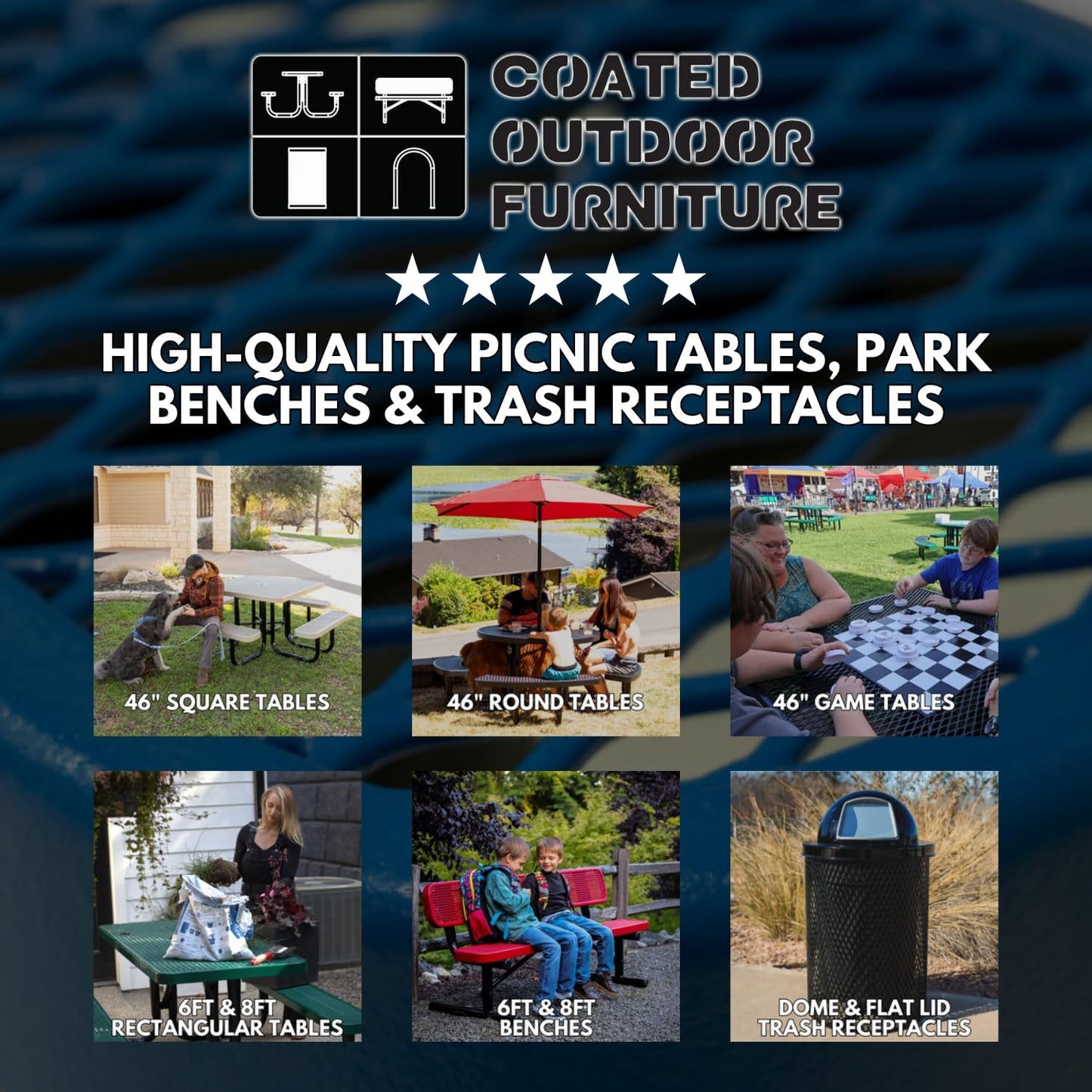 Heavy-Duty Portable Outdoor Picnic Table with Umbrella Hole, Punched Steel Patio Dining Furniture Made in America (46" Round Top, Textured Grey)