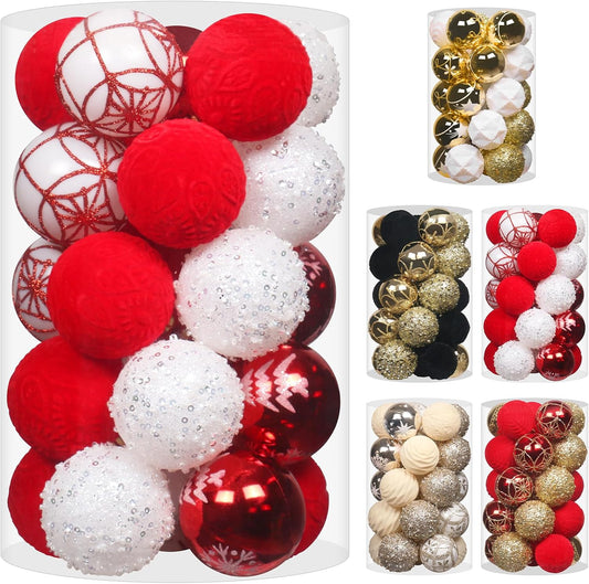 2.36In Velvet Christmas Ball Ornaments, 25PCS Red/White Flocked Christmas Tree Hanging Decorations, for Home Holiday Wedding Indoor Xmas Party Decor.