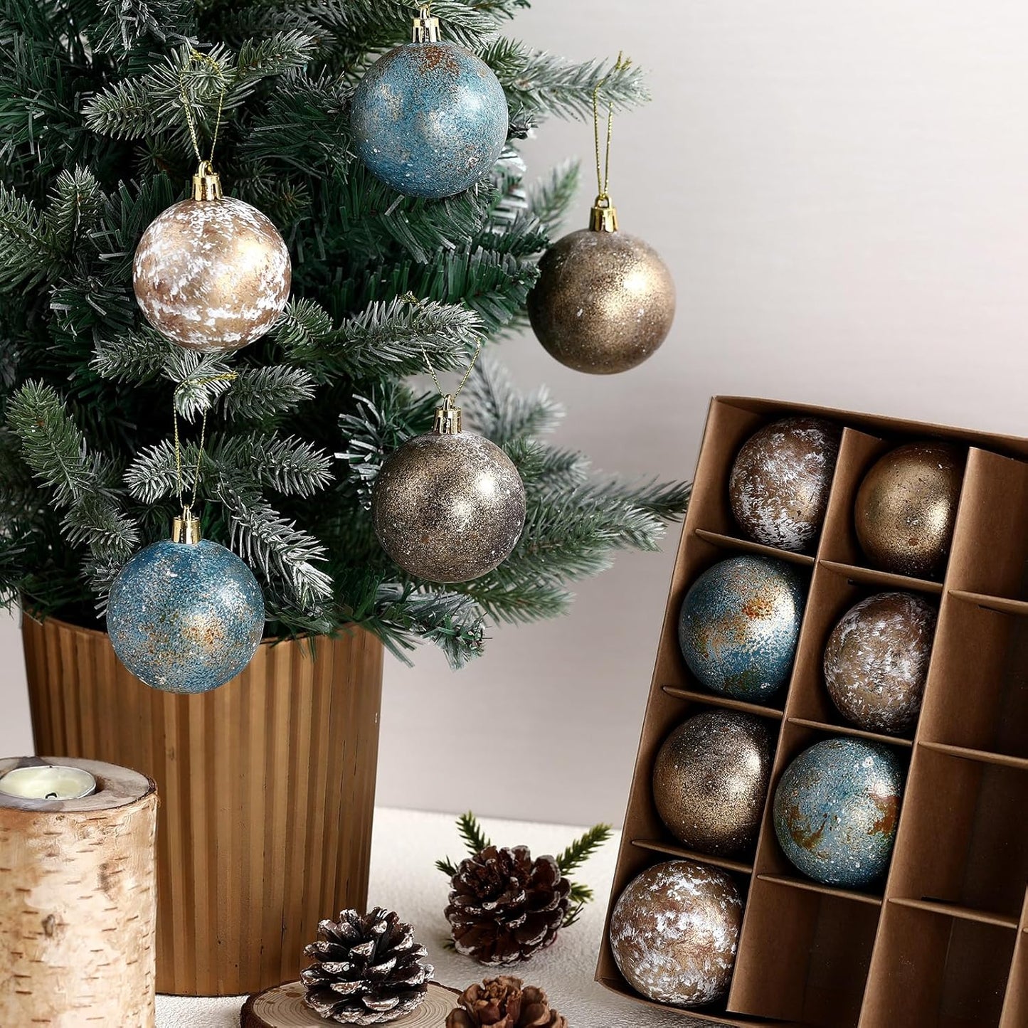 12 Pcs Textured Christmas Ball Ornaments Neutral Christmas Tree Decor Vintage Rustic Copper Ball Ornaments 2 Inch Farmhouse Hanging Shatterproof Home Decor for Xmas Farmhouse Decoration