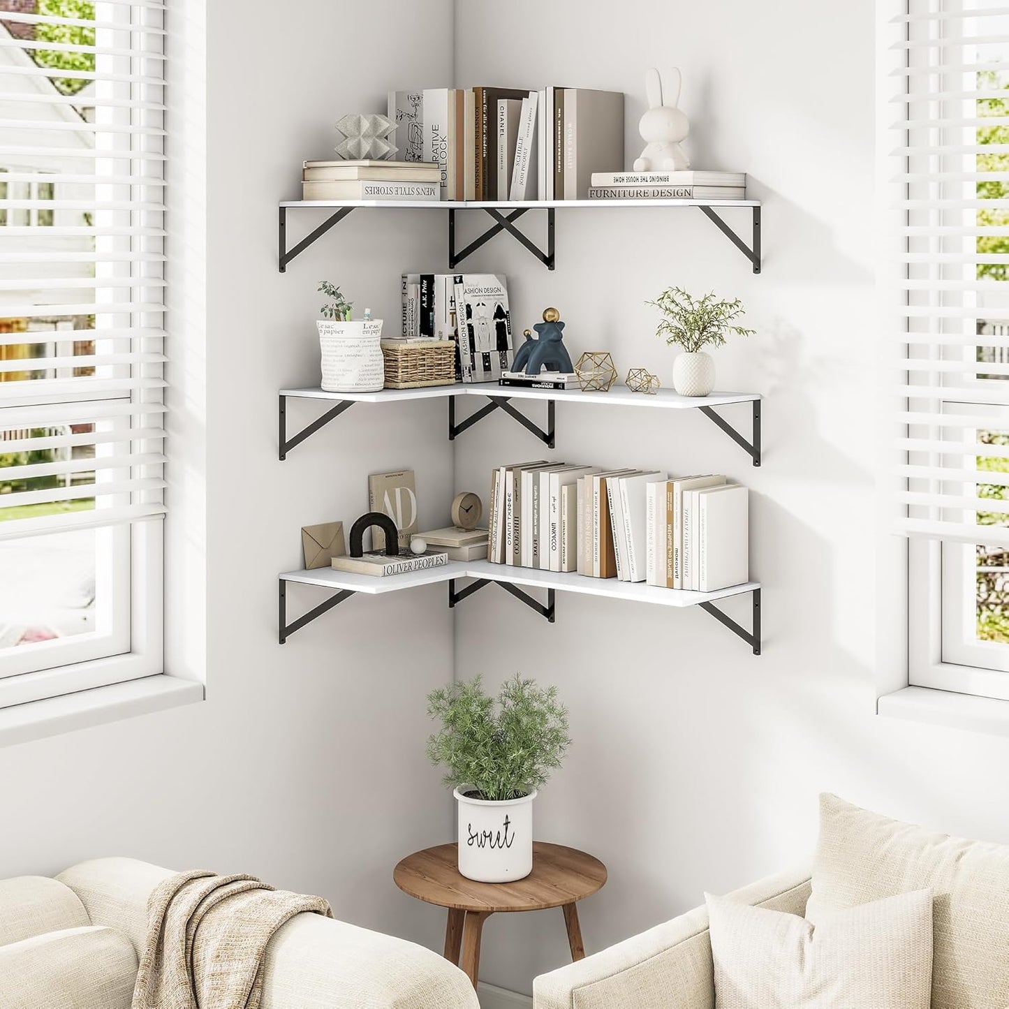 Heimlove 24" W x 12" D Wall Shelves for Books, 12 Inch Deep Floating Shelves Set of 3, Wide Floating Bookshelf with Metal Bracket for Living Room, Kitchen, Office, Bedroom and Decor Storage - White