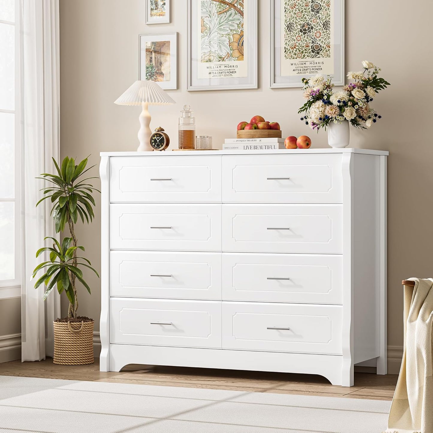 HITHOS White 8 Drawer Dresser for Bedroom, 47" Wood Dresser & Chest of Drawers, Modern Double Storage Cabinet with Deep Drawers | Metal Handles for Living Room, Hallway, Entryway