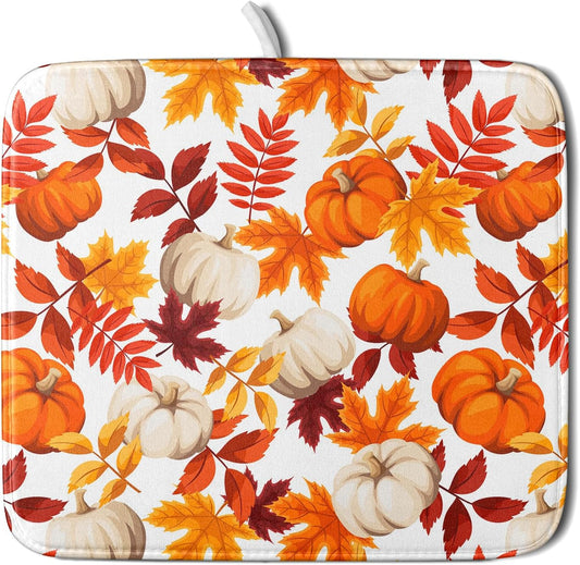 Fall Dish Drying Mat for Kitchen Counter Watercolor Pumpkins Autumn Leaves Thanksgiving Super Absorbent Reversible Microfiber Kitchen Countertop Protector Dishes Pad Small 16x18 inch