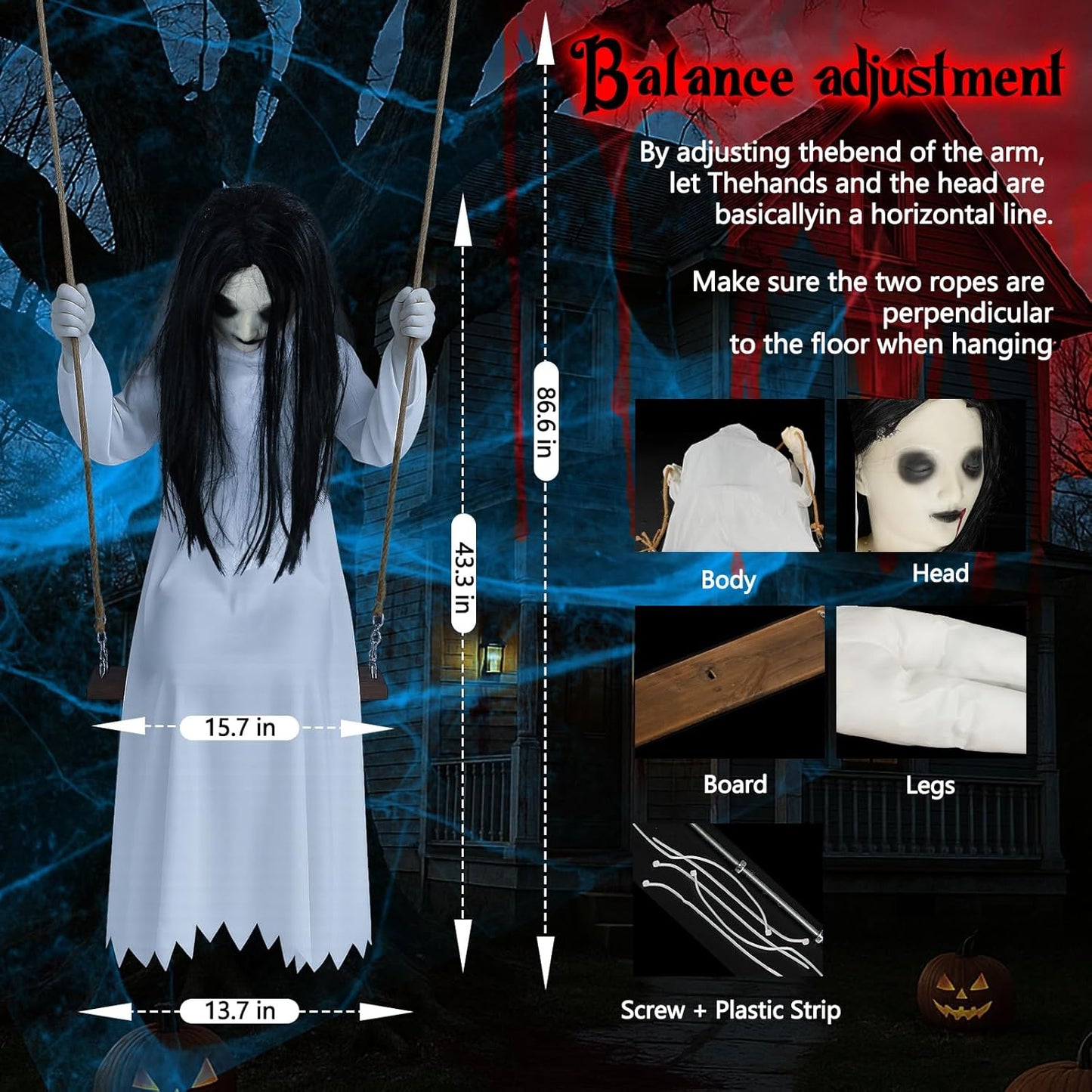 Halloween Decorations Outdoor Indoor Haunted Swinging Girl, Scary Ghost on Swing for Yard Porch, Creepy Motion Easy to Hang