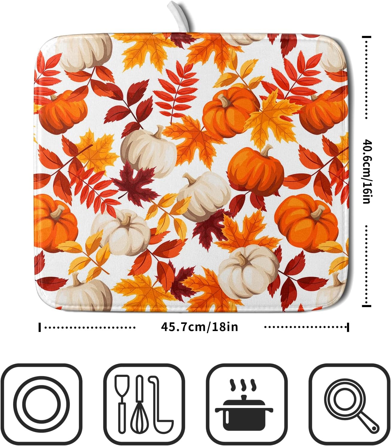 Fall Dish Drying Mat for Kitchen Counter Watercolor Pumpkins Autumn Leaves Thanksgiving Super Absorbent Reversible Microfiber Kitchen Countertop Protector Dishes Pad Small 16x18 inch