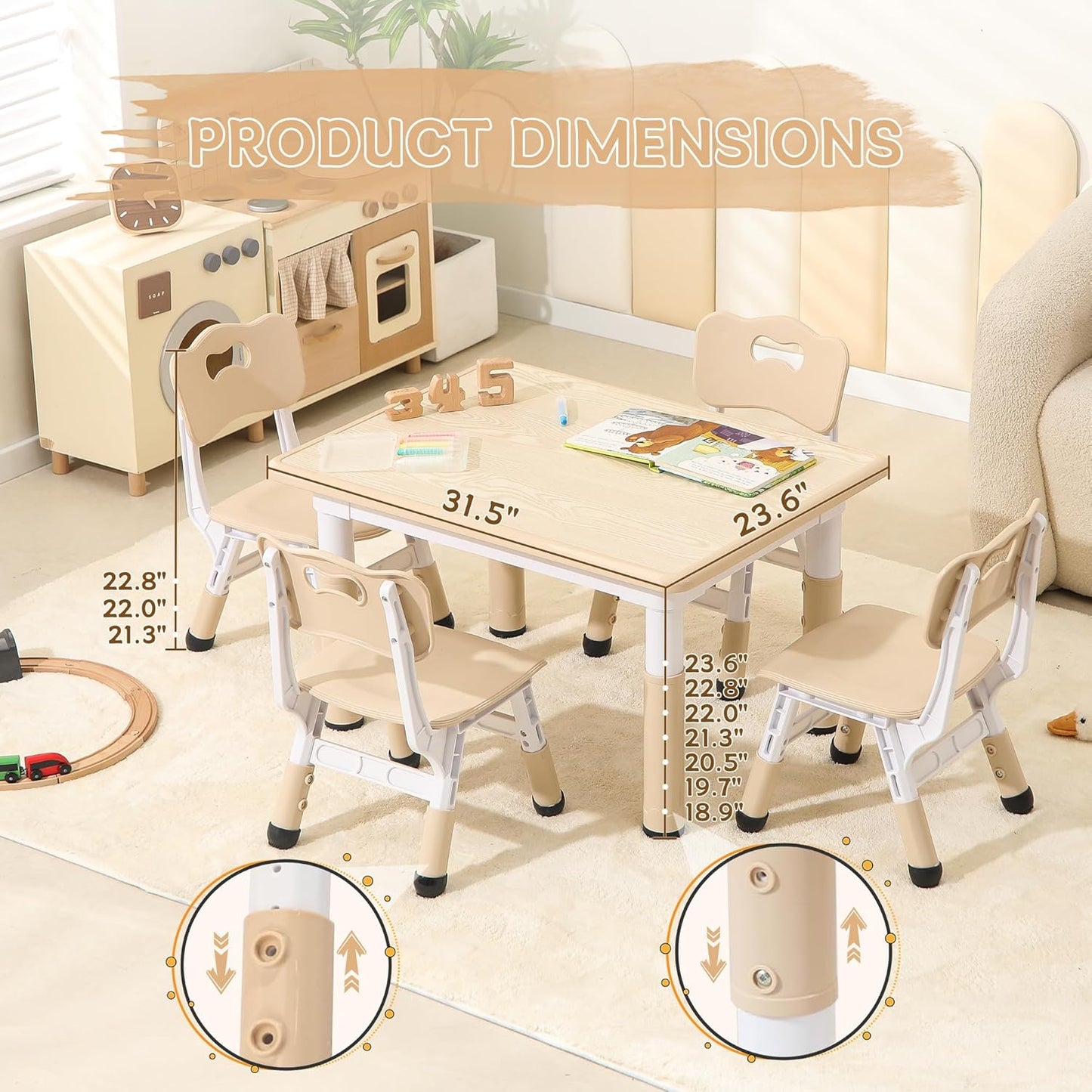 Height-Adjustable Kids Table and Chairs, 31.5''L x 23.6''W Toddler Table and 4 Chairs Set with Anti-Slip Foot Covers, Children Activity Table for Ages 2-10, Graffiti Desktop