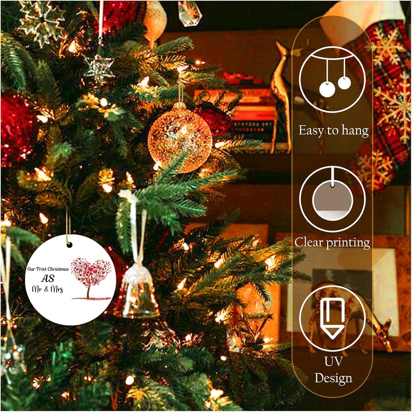 2024 First Christmas Married Ornament, Just Married Mr and Mrs Ceramic Ornament, 2.9 Round Newlywed Wedding Decoration for Couples