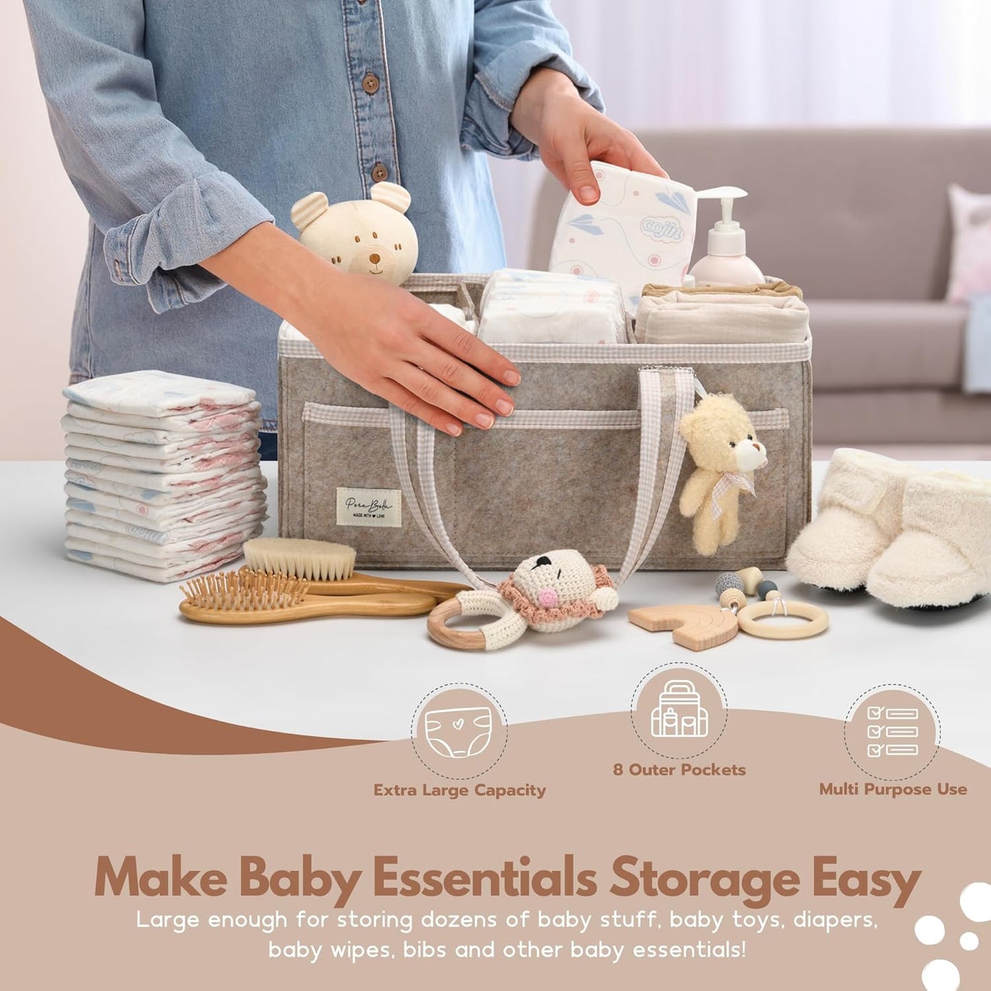 PeraBella XL Diaper Caddy Organizer With Handle, Baby Shower Gifts Basket Bag, Registry Search Must Haves Items, Newborn Girl Boy Nursery Storage Organizer, Baby Bag Essentials, Car Diaper Caddy Cart